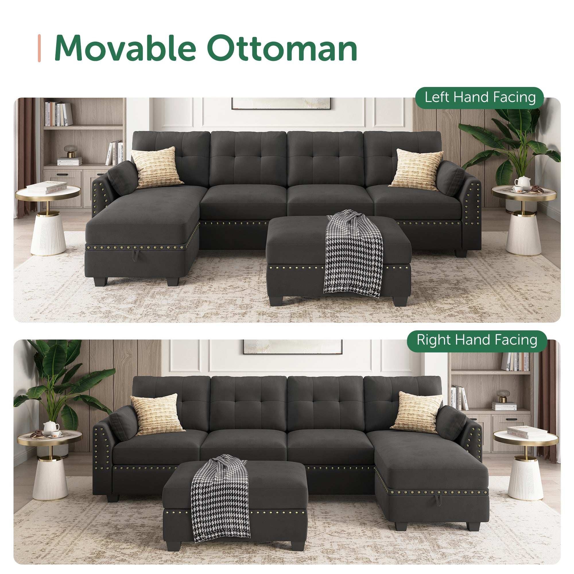 HONBAY Velvet 4-Seat L-Shaped Sectional Sofa with Storage Ottoman Set