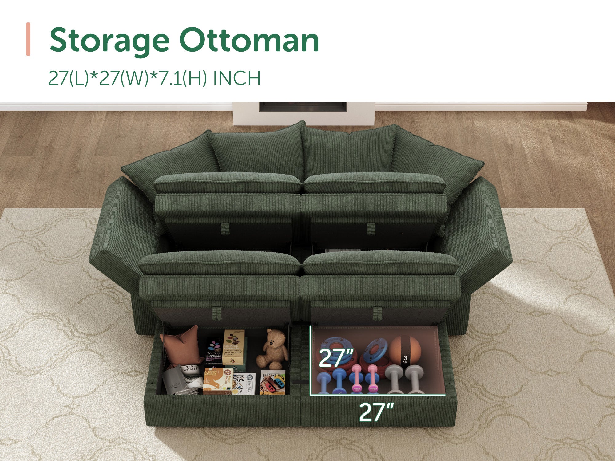 HONBAY 4-Piece Plush double-layer Cushion Corduroy Modular Sleeper Sectional Cloud Sofa
#Color_Corduroy Green