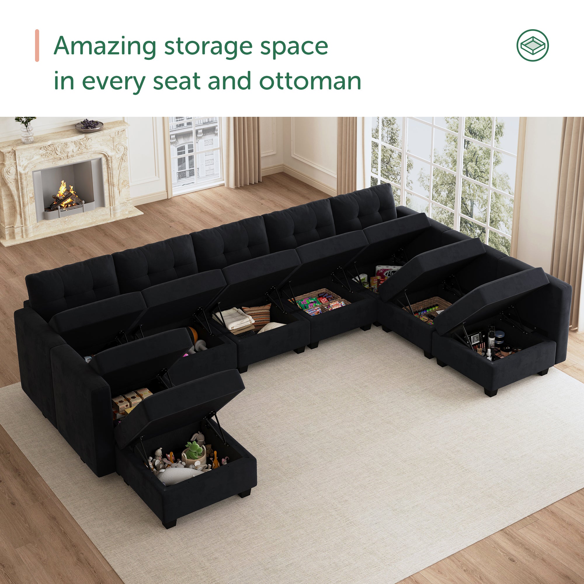 HONBAY Velvet Tufted 9-Seat Modular Sofa Oversized U Shaped with Storage & Convertible Ottomans
