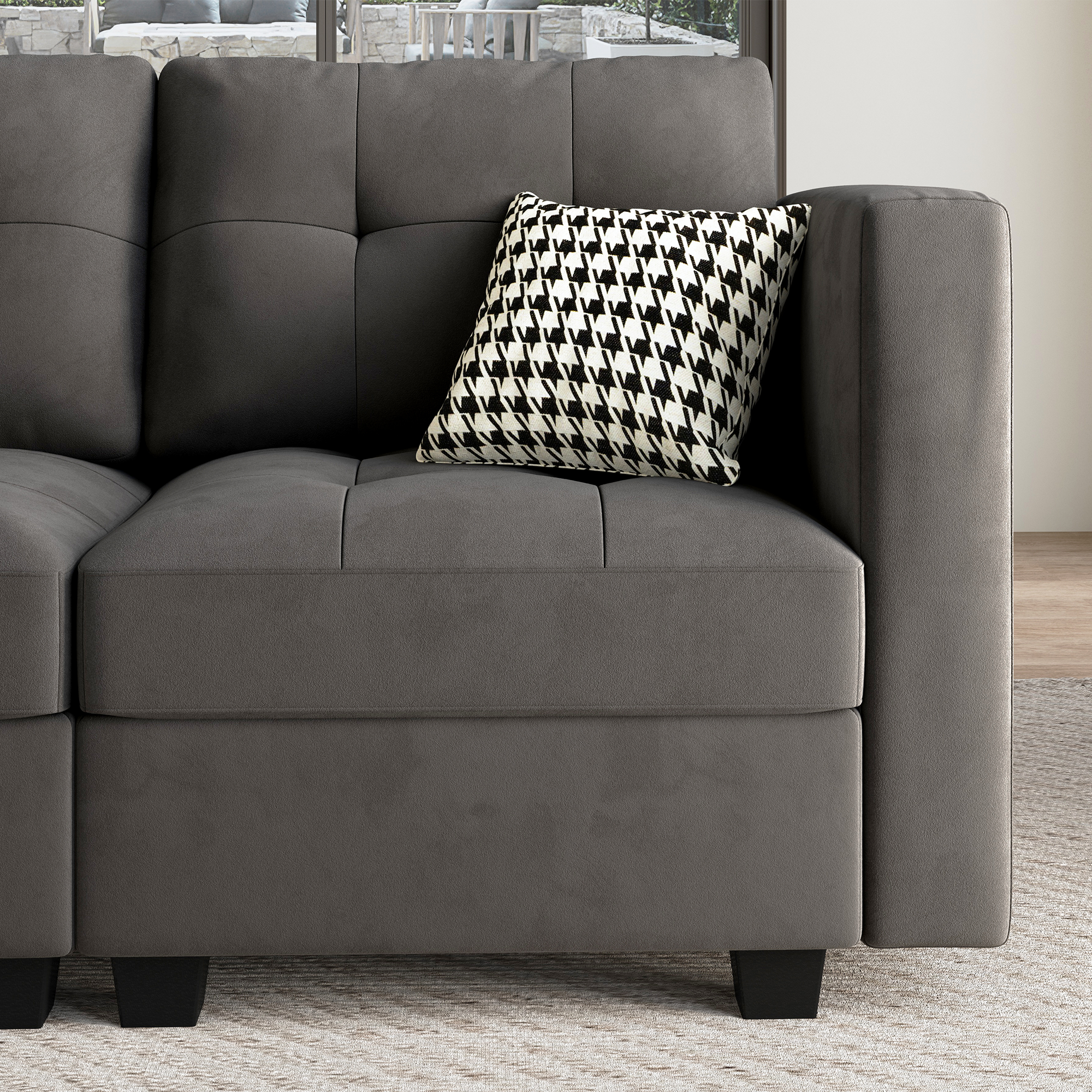 HONBAY Velvet Tufted U-Shaped Reversible Modular Sofa with Storage Ottoman