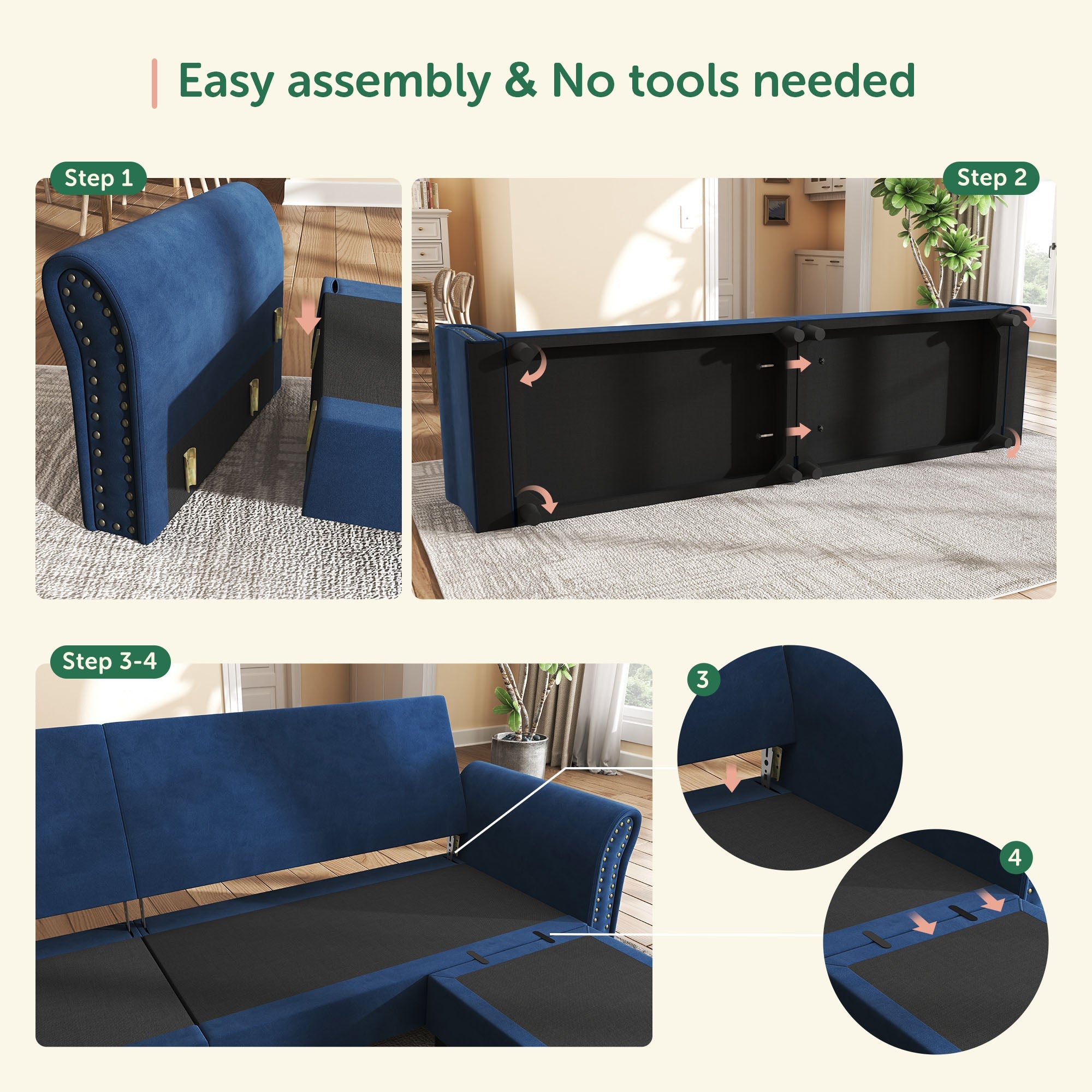 HONBAY Velvet 4-Seat Sofa U-Shaped Cushion Pillows Sectional Couch