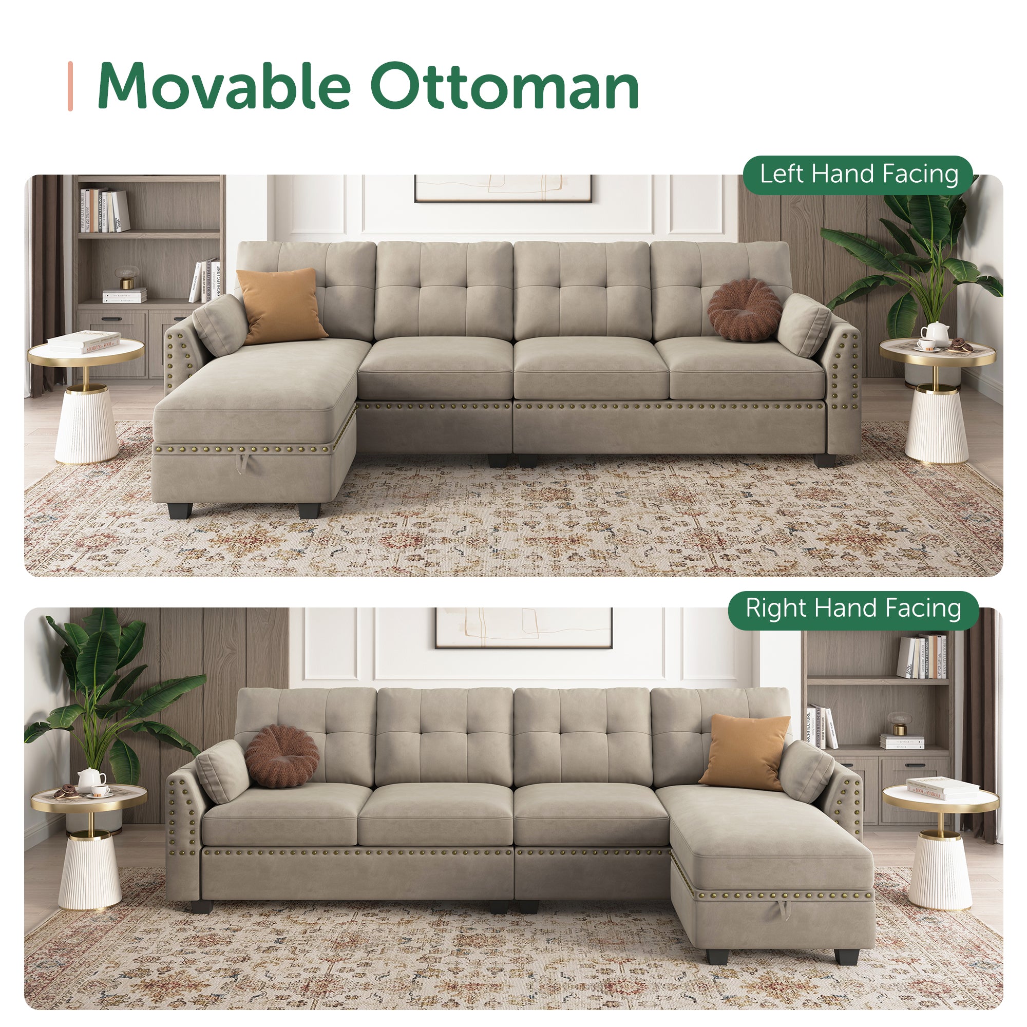 HONBAY Velvet 4-Seat L-Shaped Sectional Sofa with Storage Chaise