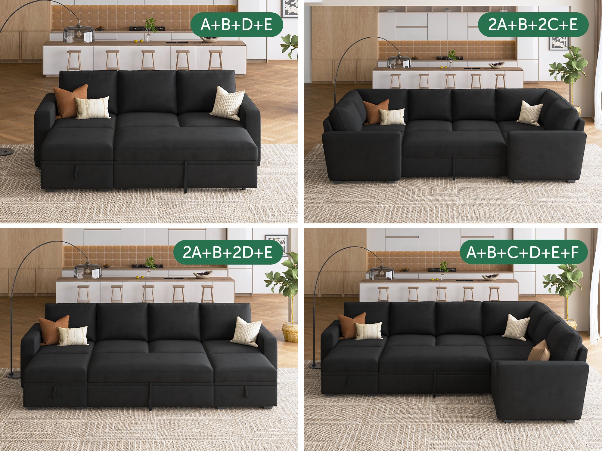 HONBAY 1 Piece Modular Sectional With Storage Seat #Color_Velvet Black