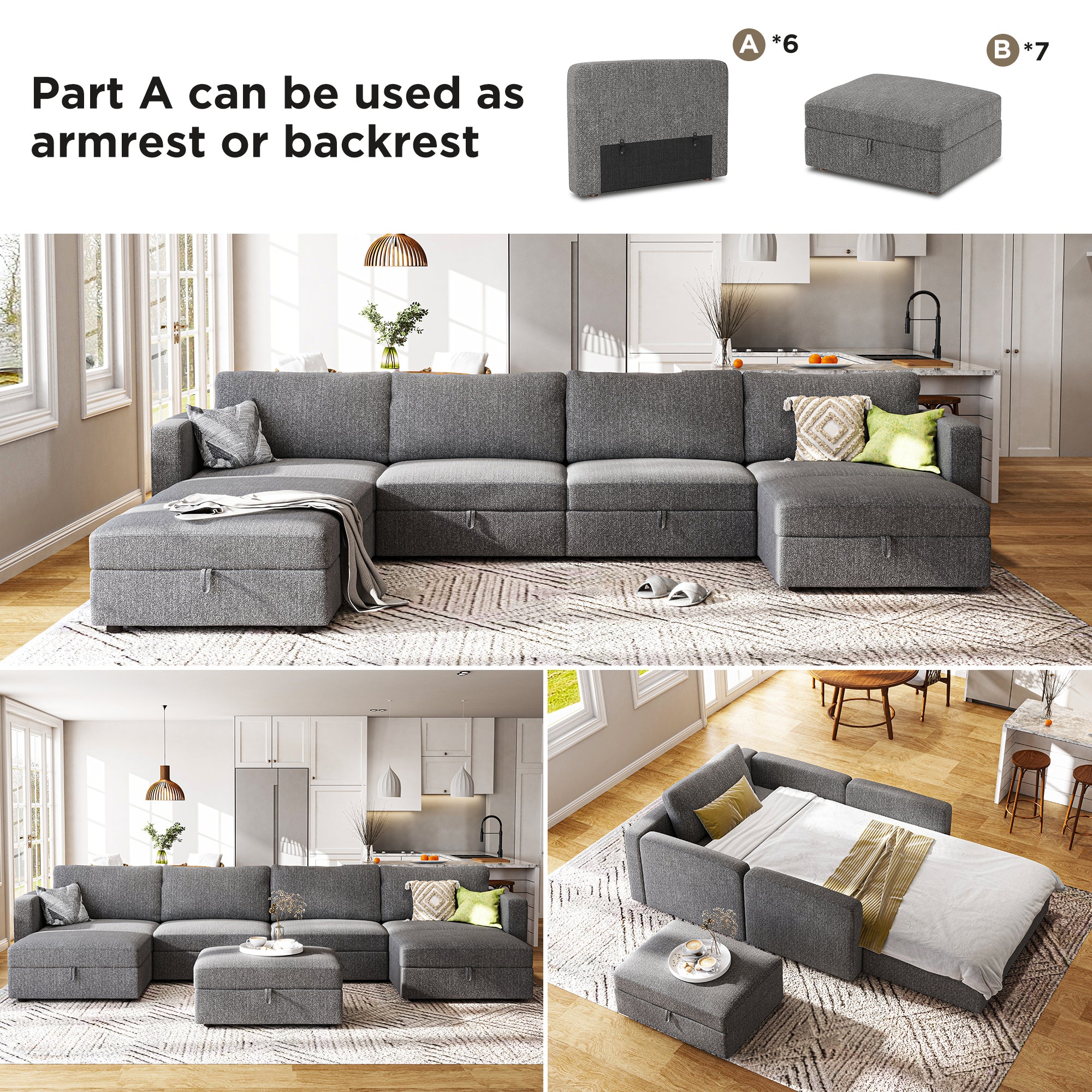 HONBAY 7-Piece Polyester Modular Sectional With Storage Seat