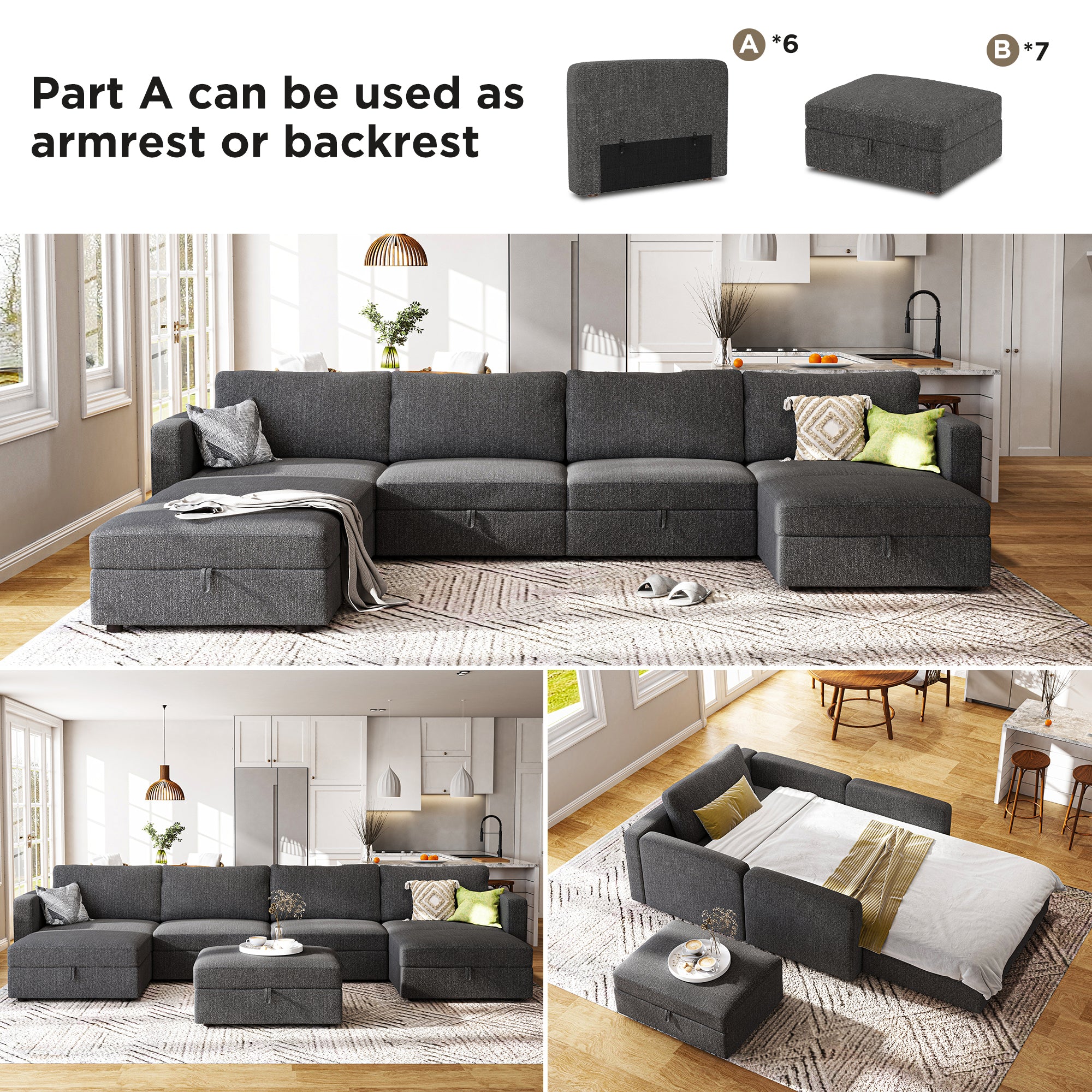 HONBAY 4-Seat U-Shaped Wider Modular Sofa Couch with Storage Ottomans