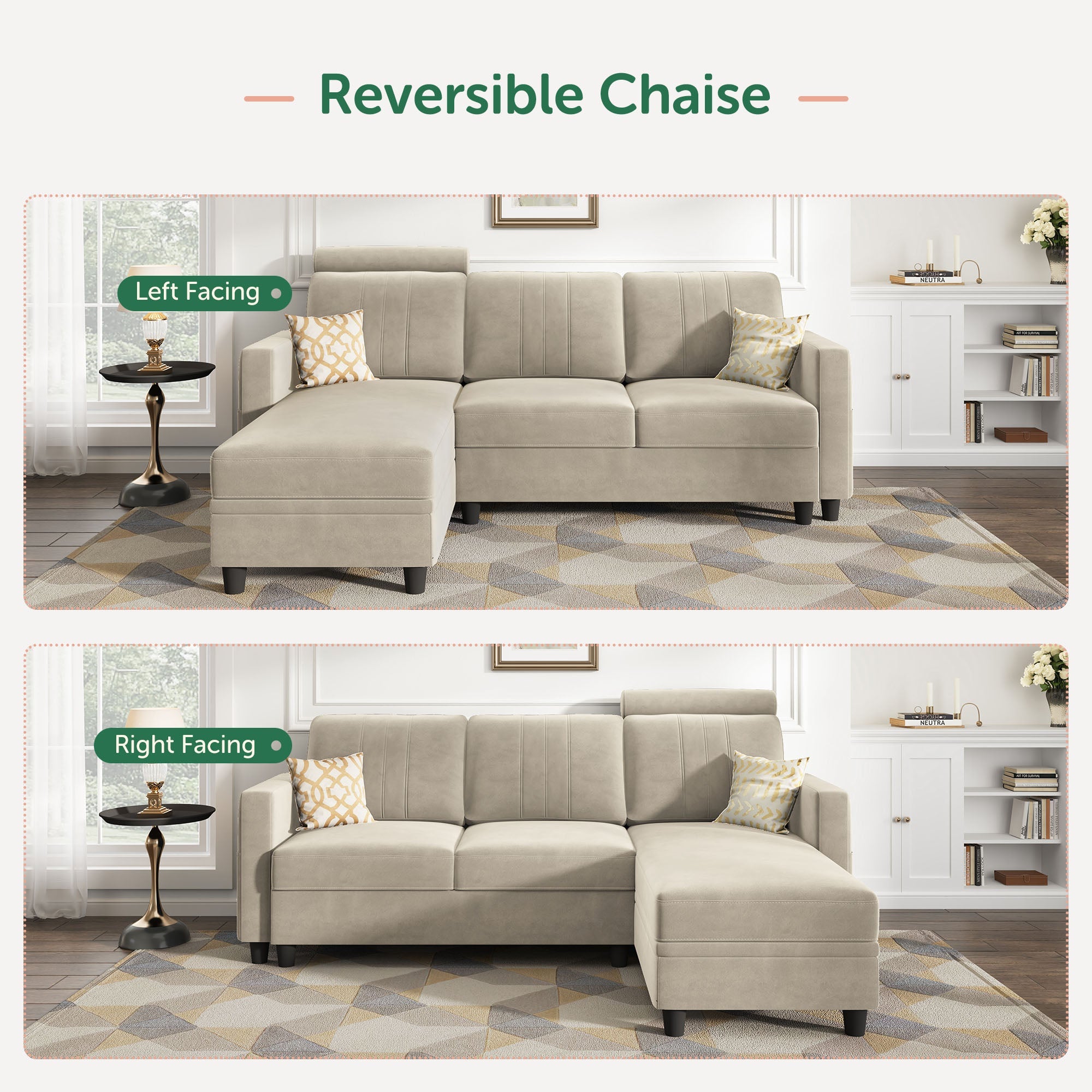 HONBAY Velvet L Shaped Sectional Sofa Couch with Reversible Storage Chaise