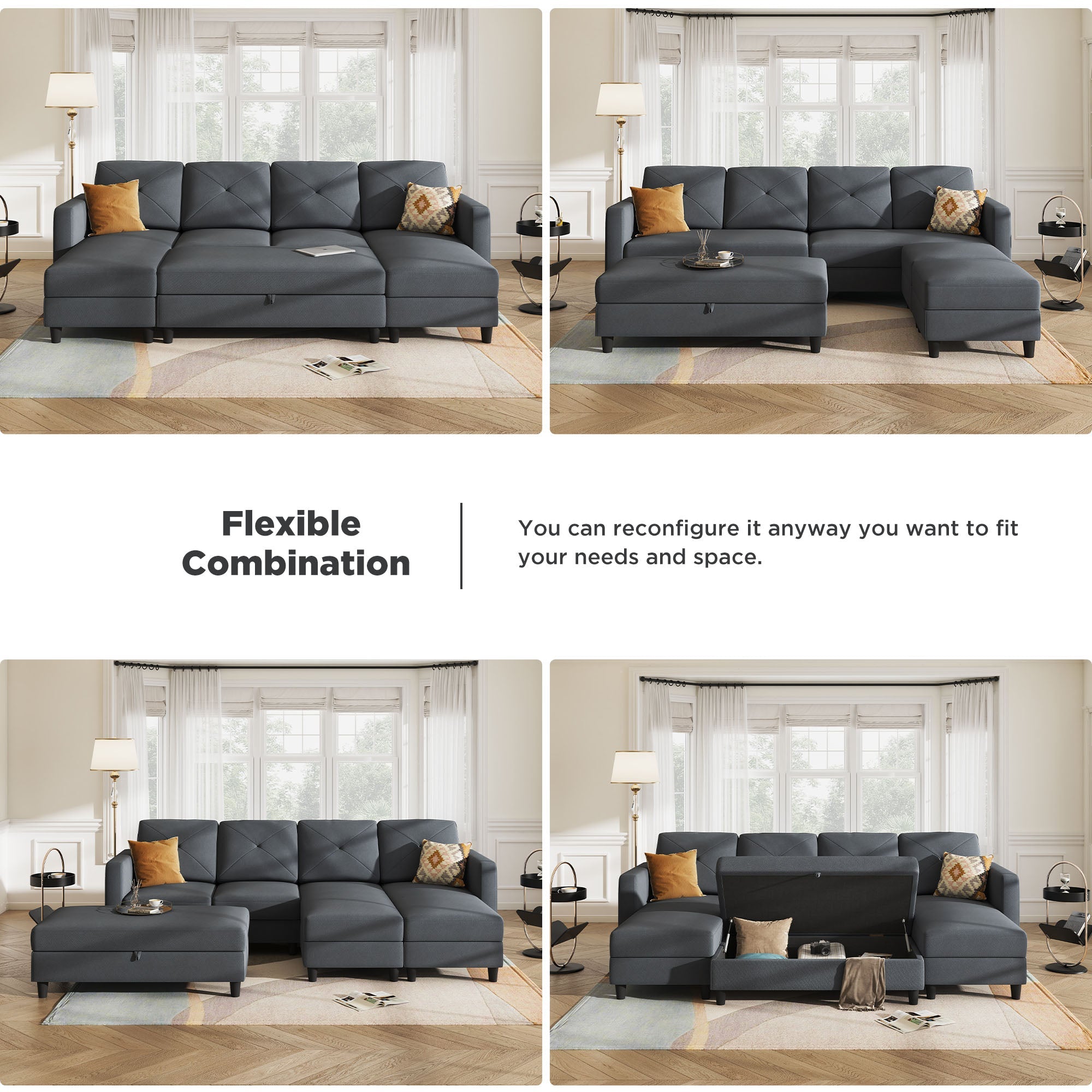 HONBAY Storage Ottoman for U-Shaped Sectional Sofa Couch