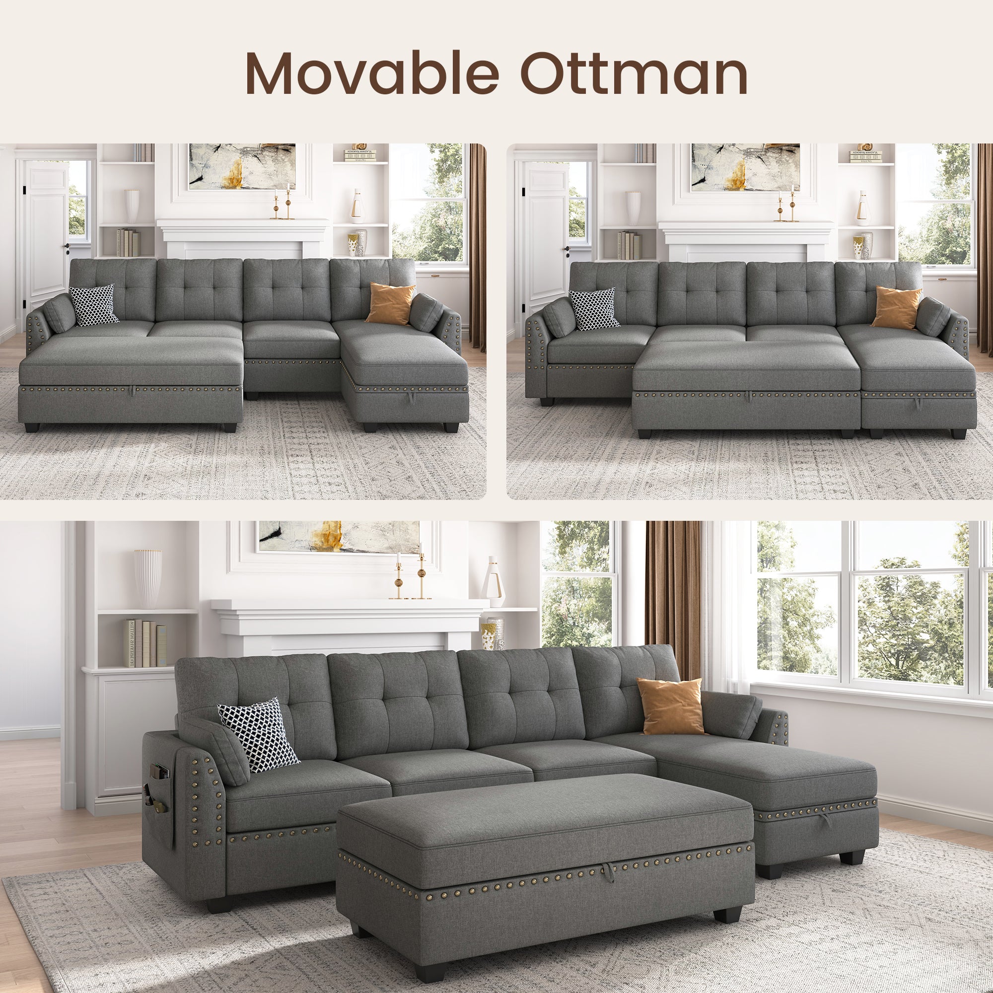 HONBAY 4-Seat L-Shaped Sectional Sofa with Rectangle Storage Ottoman