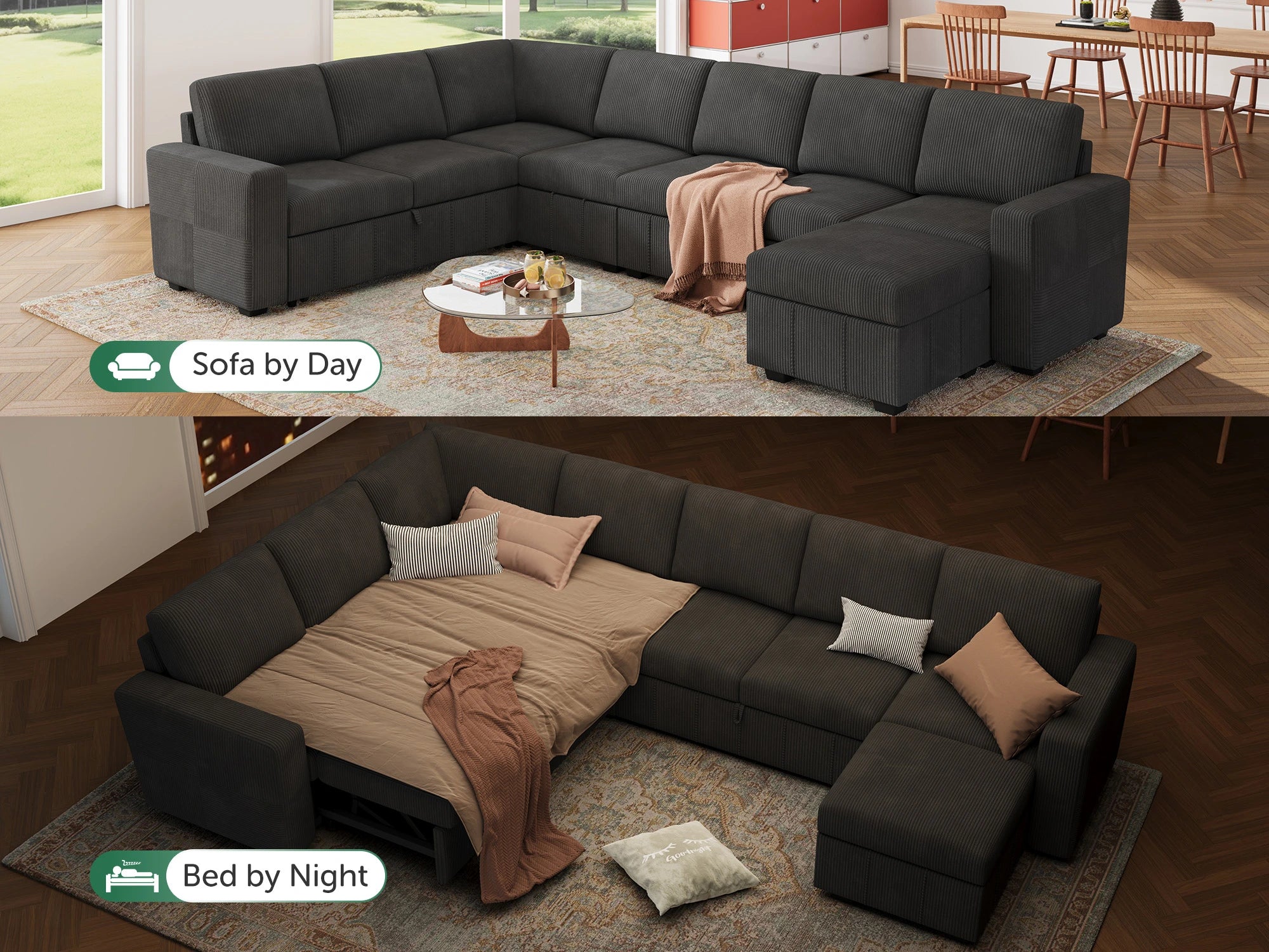 8-Piece Oversized U-Shaped Corduroy Pull-Out Sleeper
#Color_Corduroy Grey