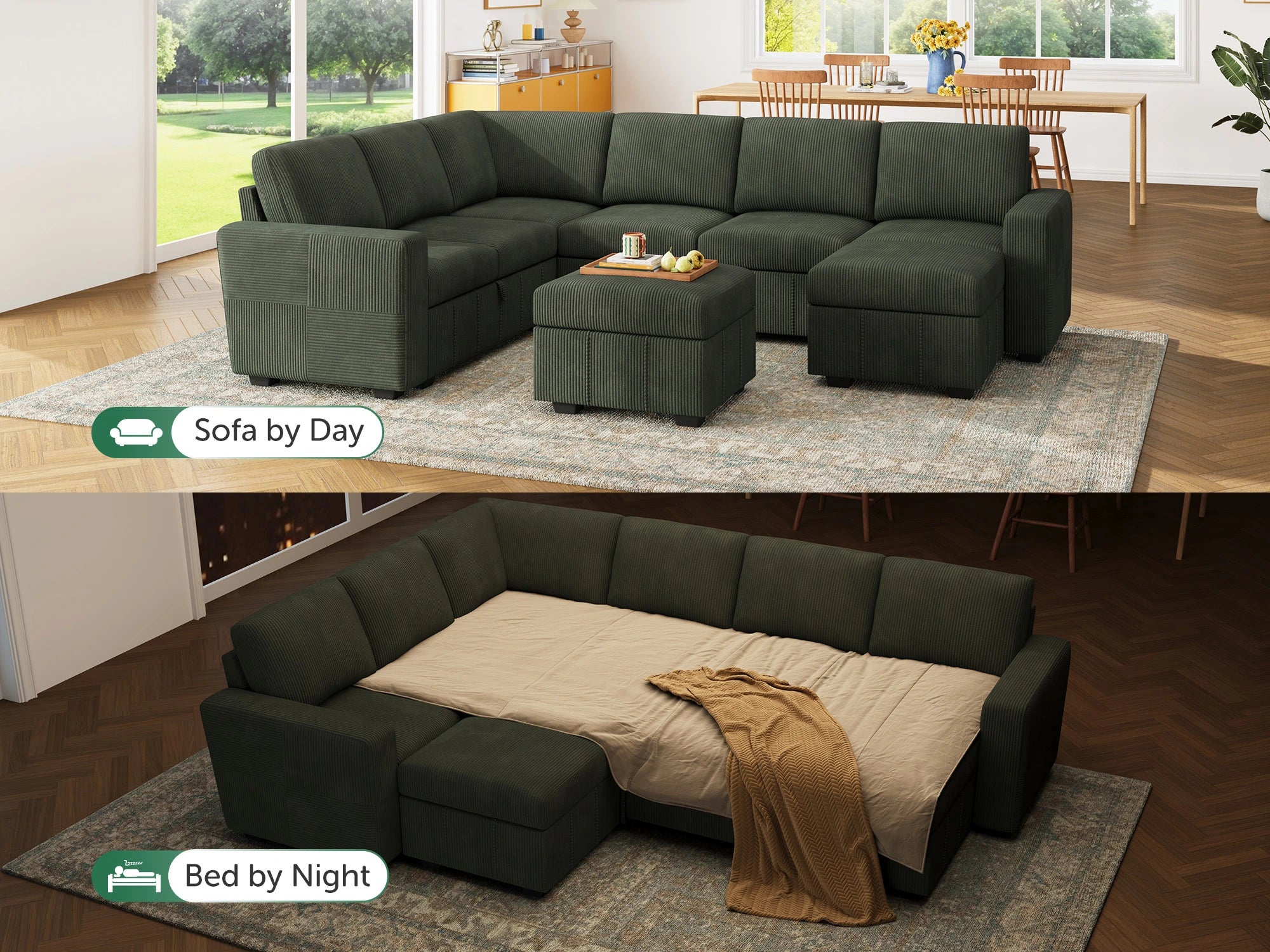 8-Piece Corduroy U-Shaped Sleeper Sectional
#Color_Corduroy Green