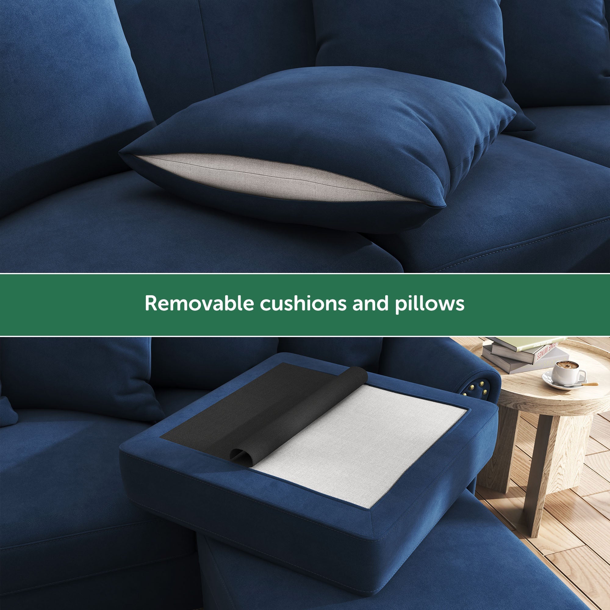 HONBAY Velvet 4-Seat Sofa U-Shaped Cushion Pillows Sectional Couch