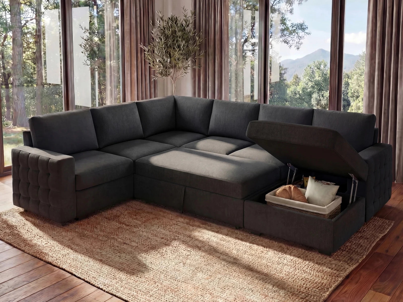 HONBAY 6-Piece Sleeper Sectional With Storage Space #Color_Dark Gray