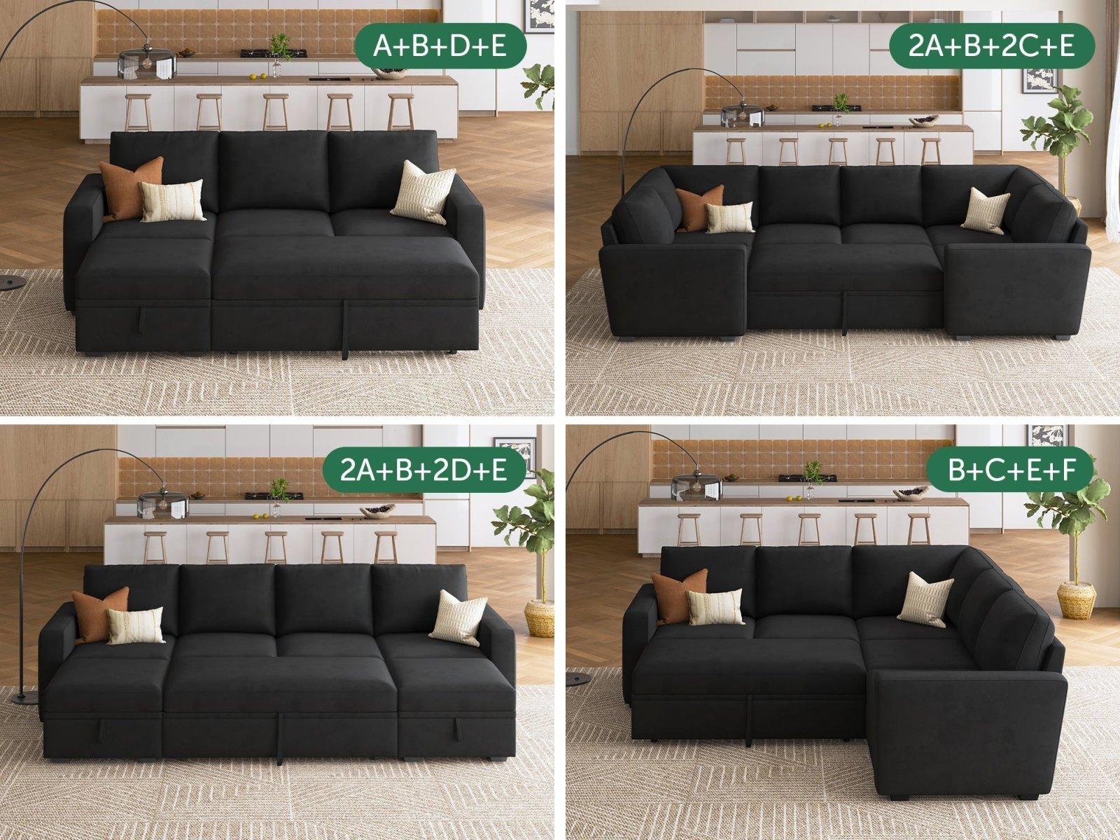 HONBAY 1 Piece Modular Sectional Armrest #Color_Velvet Black