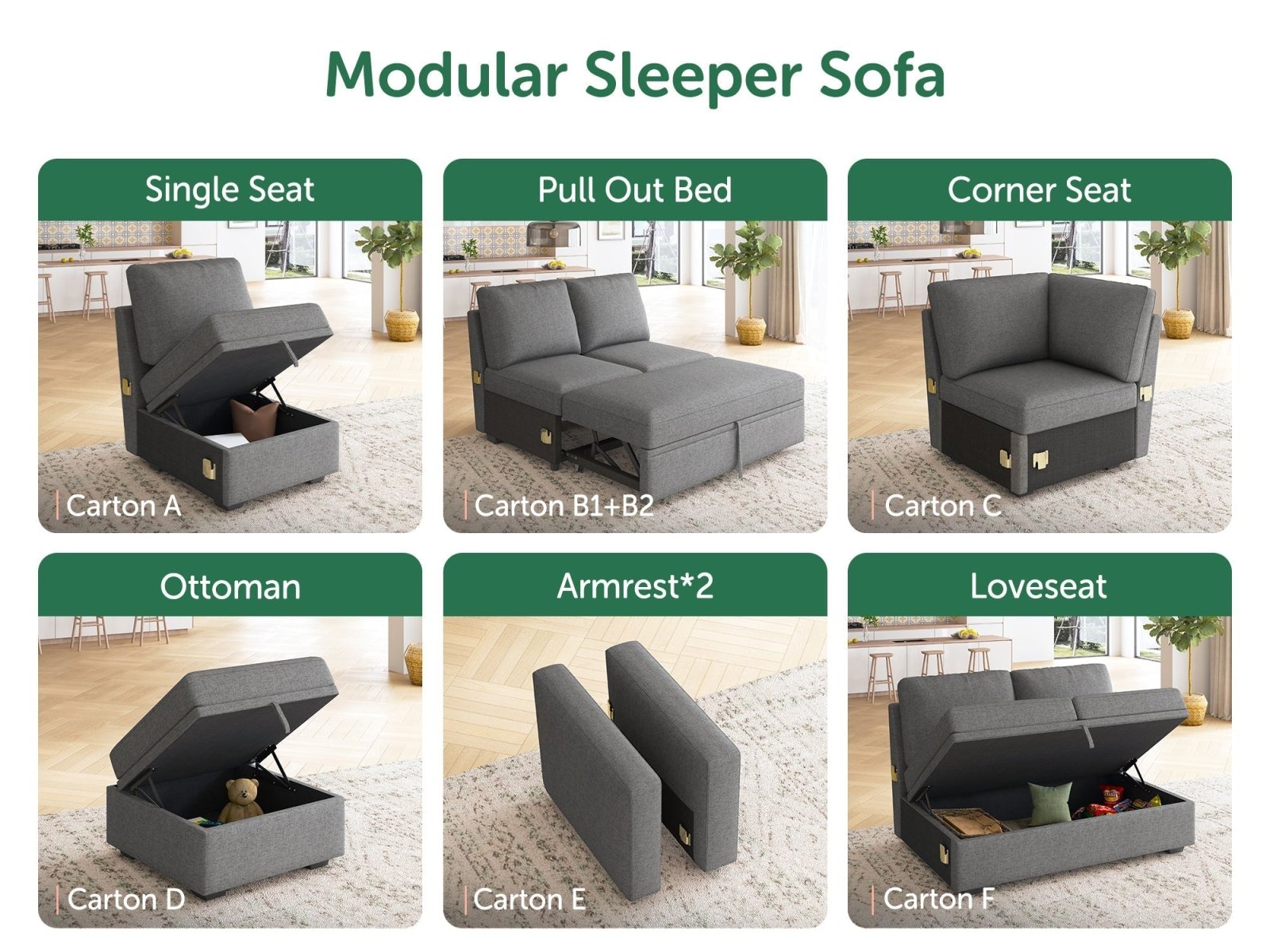 HONBAY 1 Piece Modular Sectional Armrest #Color_Dark Grey