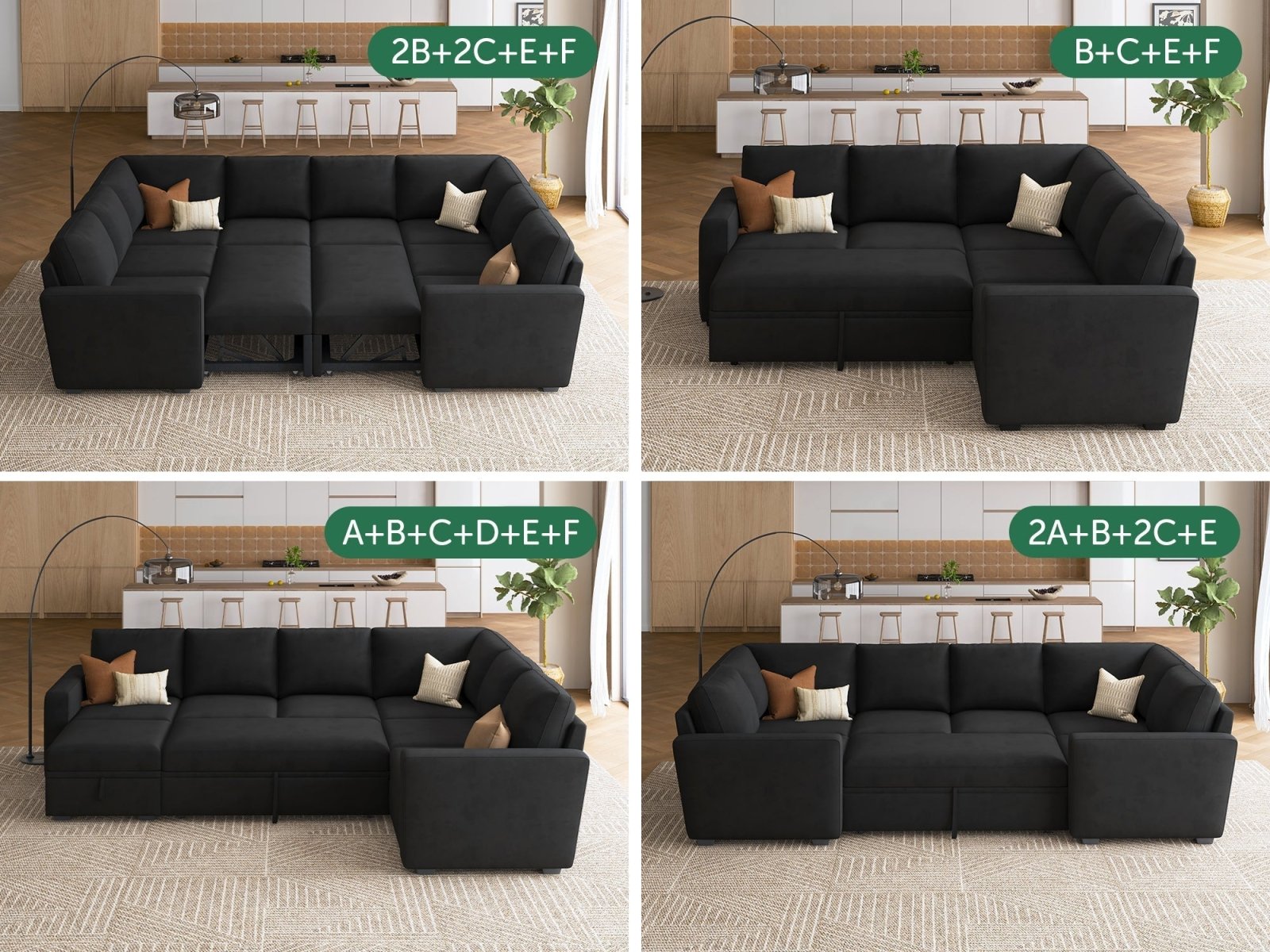 HONBAY 1 Piece Modular Sectional Corner Seat #Color_Velvet Black