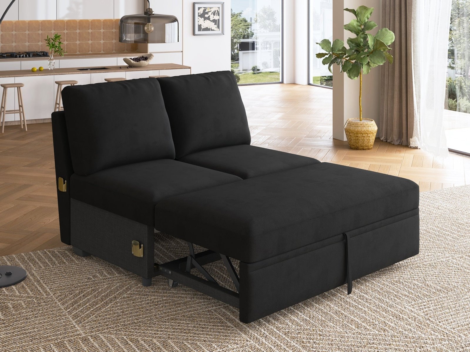 HONBAY 1 Piece Modular Sectional Pull Out Bed #Color_Velvet Black