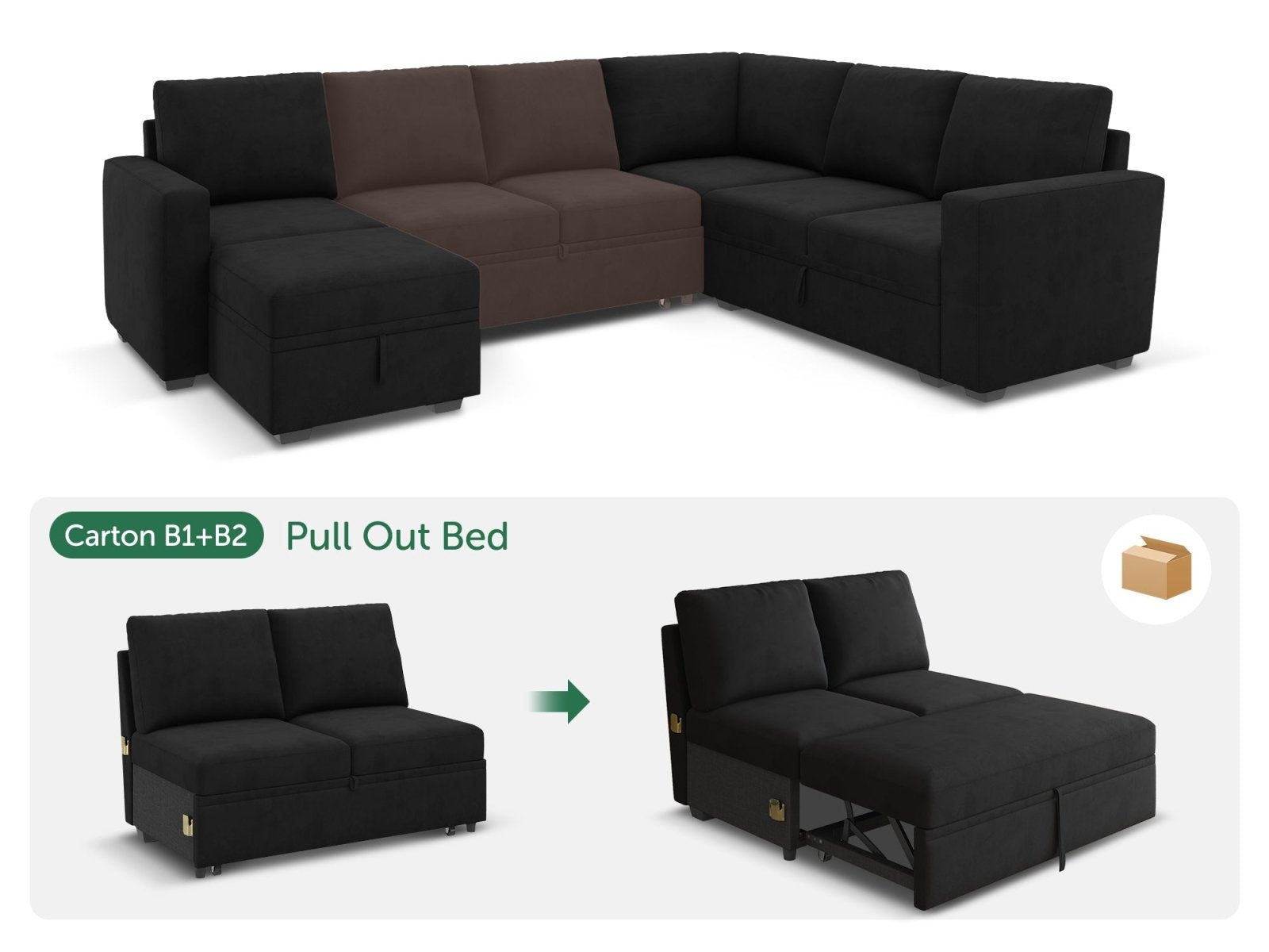 HONBAY 1 Piece Modular Sectional Pull Out Bed #Color_Velvet Black