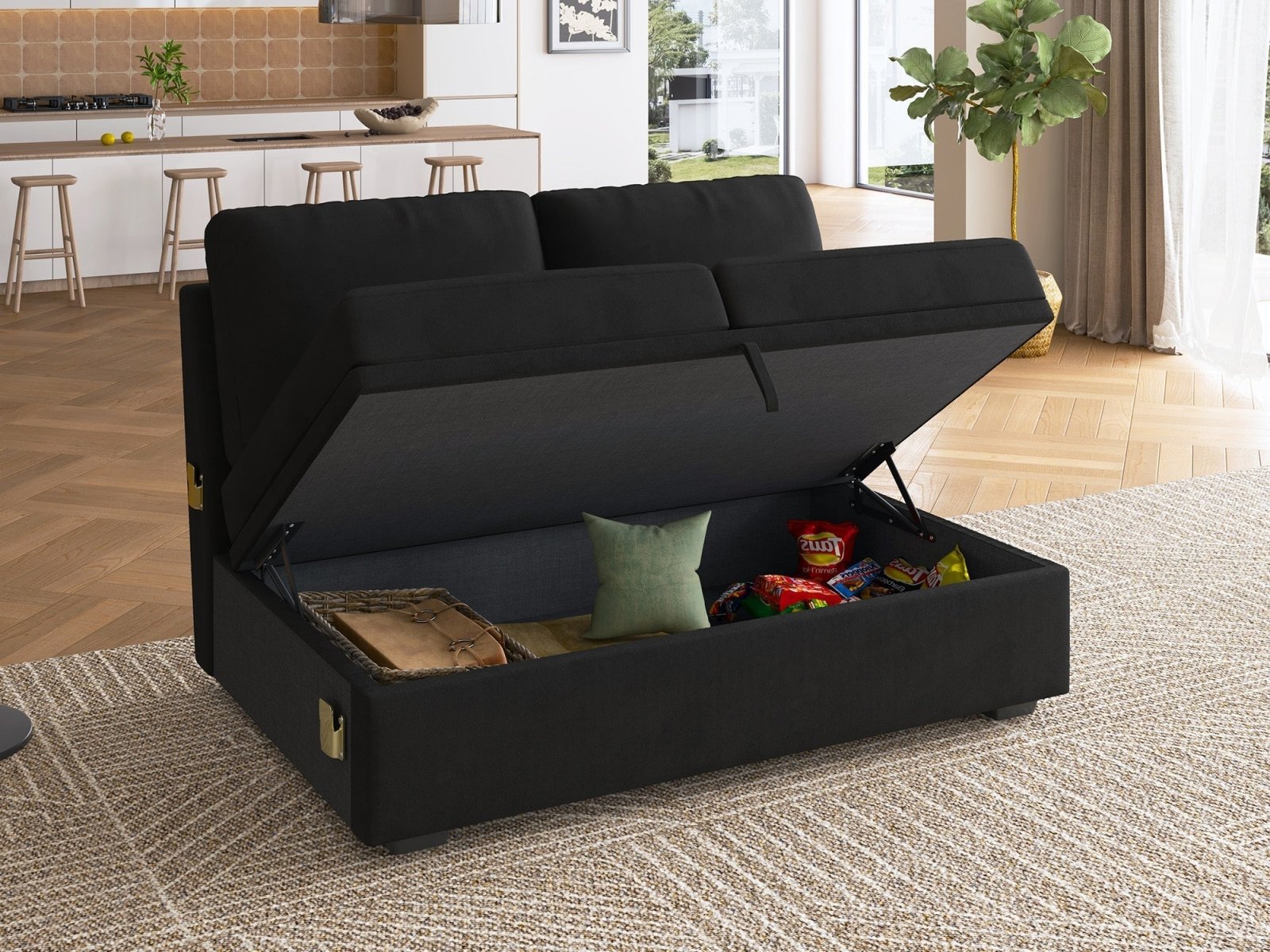 HONBAY 1 Piece Modular Sectional Storage Loveseat #Color_Velvet Black