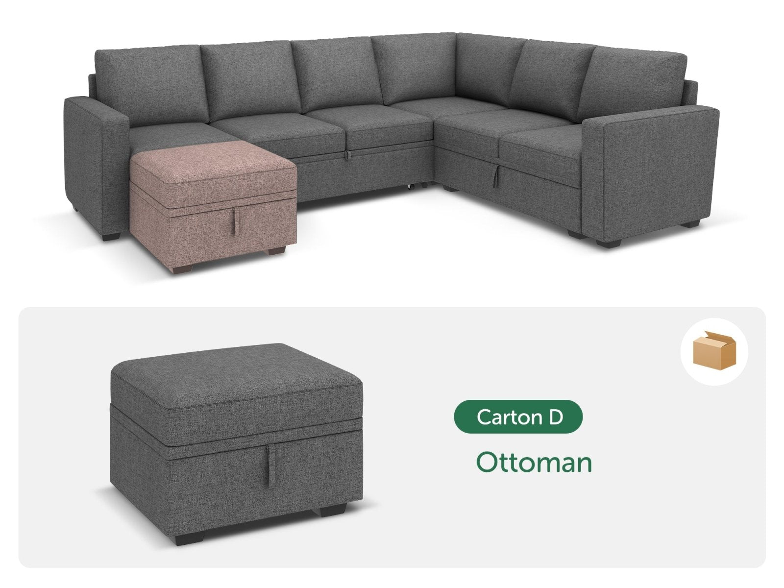 HONBAY 1 Piece Modular Sectional Storage Ottoman #Color_Dark Grey