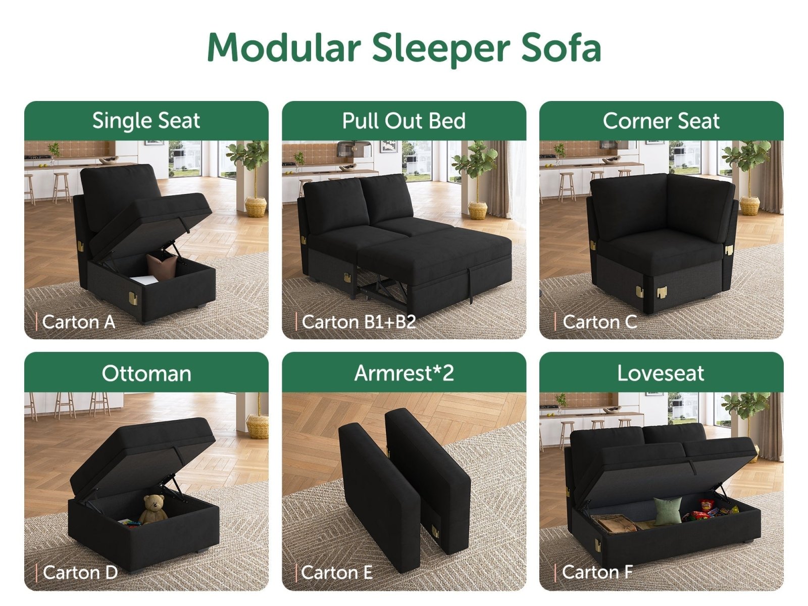 HONBAY 1 Piece Modular Sectional Storage Ottoman #Color_Velvet Black