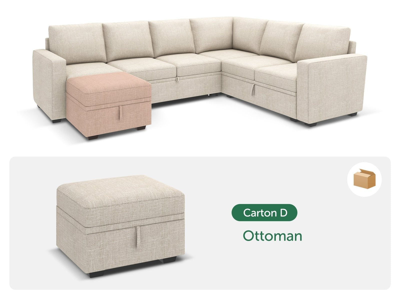 HONBAY 1 Piece Modular Sectional Storage Ottoman #Color_Beige