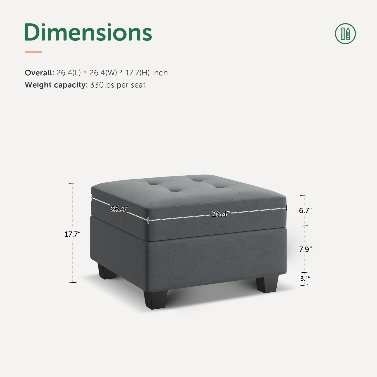 Piece Velvet Modular Sectional Storage Ottoman with dimensions