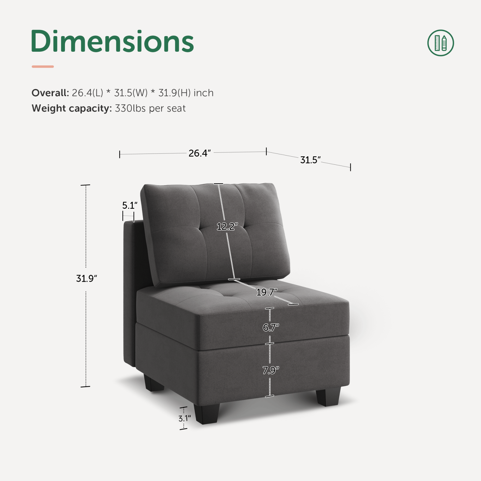 HONBAY 1 Piece Velvet Modular Sectional Storage Seat With Dimensions