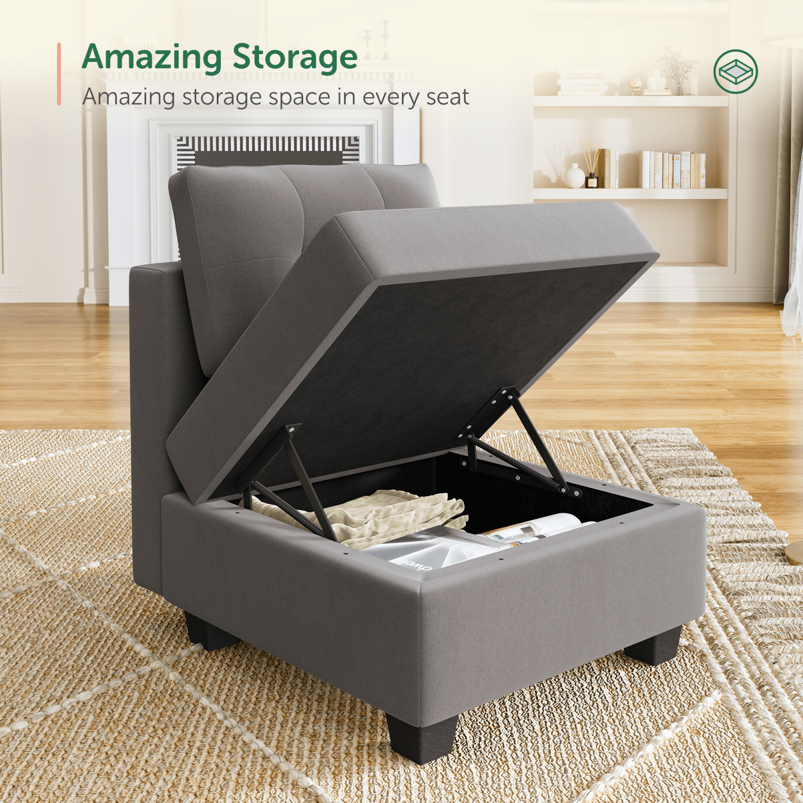 HONBAY 1 Piece Velvet Modular Sectional Storage Seat