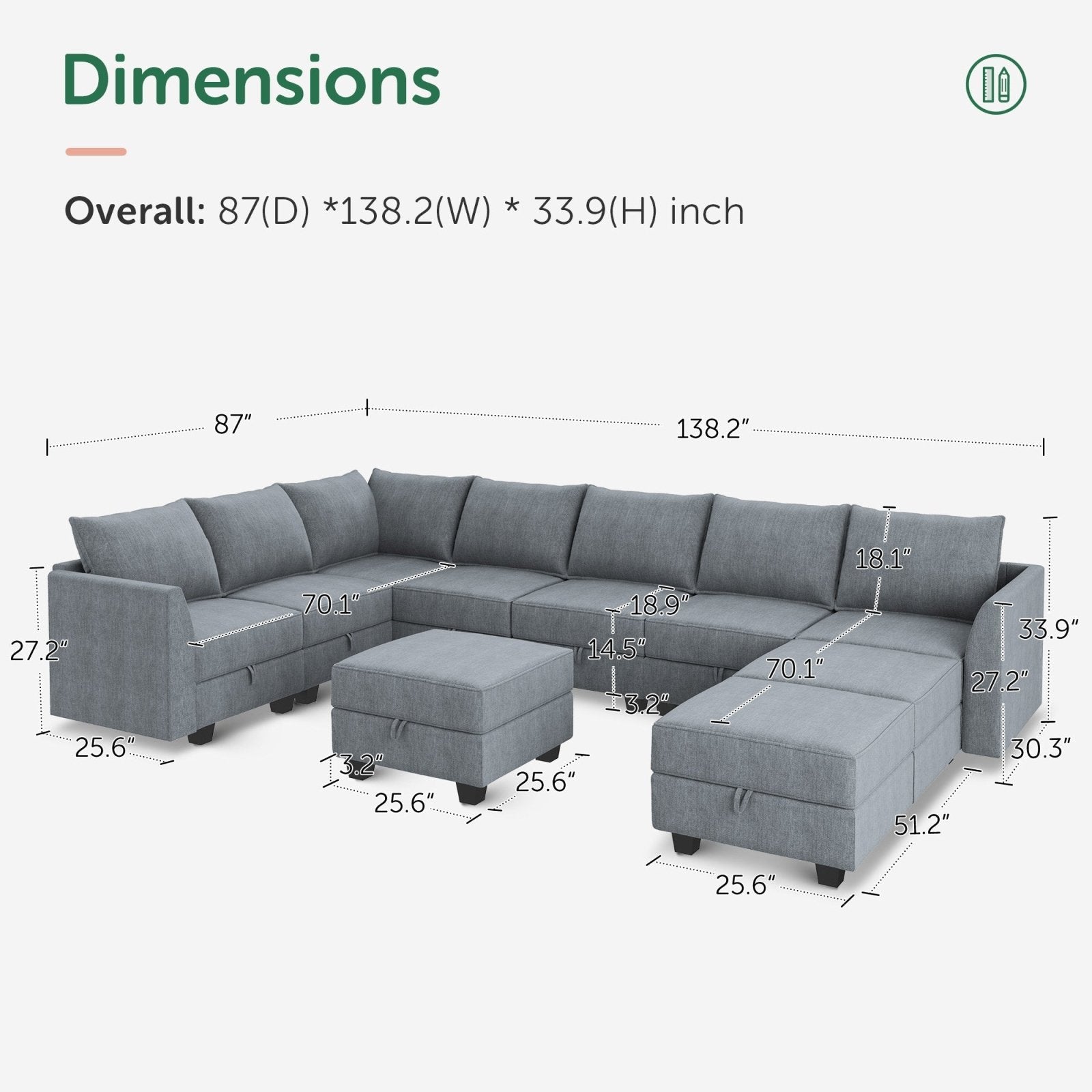 HONBAY 9-Piece Polyester Modular Sectional With Storage Seat #Color_Bluish Grey
