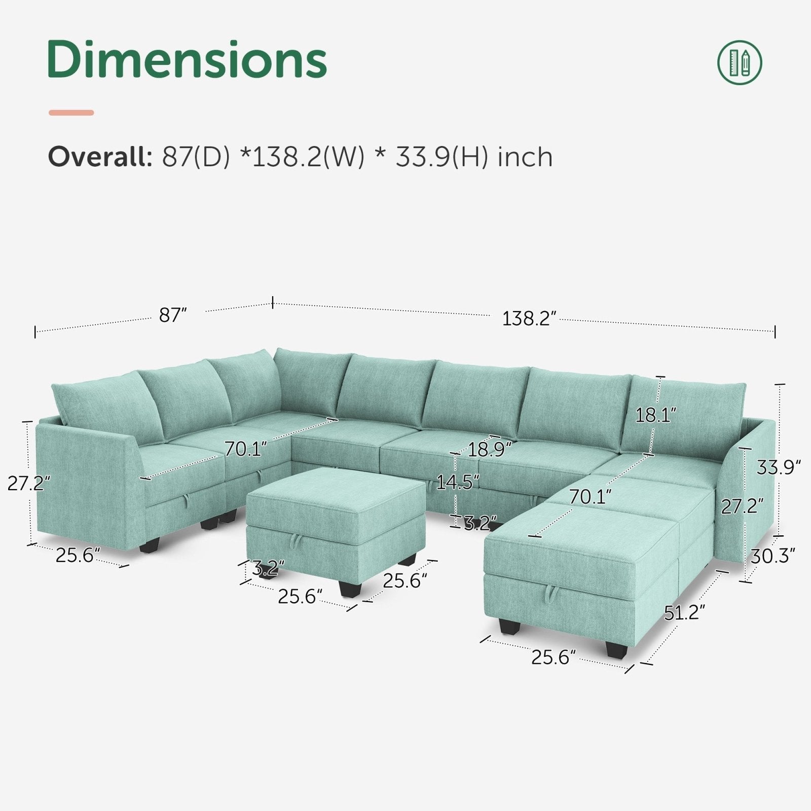 HONBAY 9-Piece Polyester Modular Sectional With Storage Seat #Color_Aqua Blue