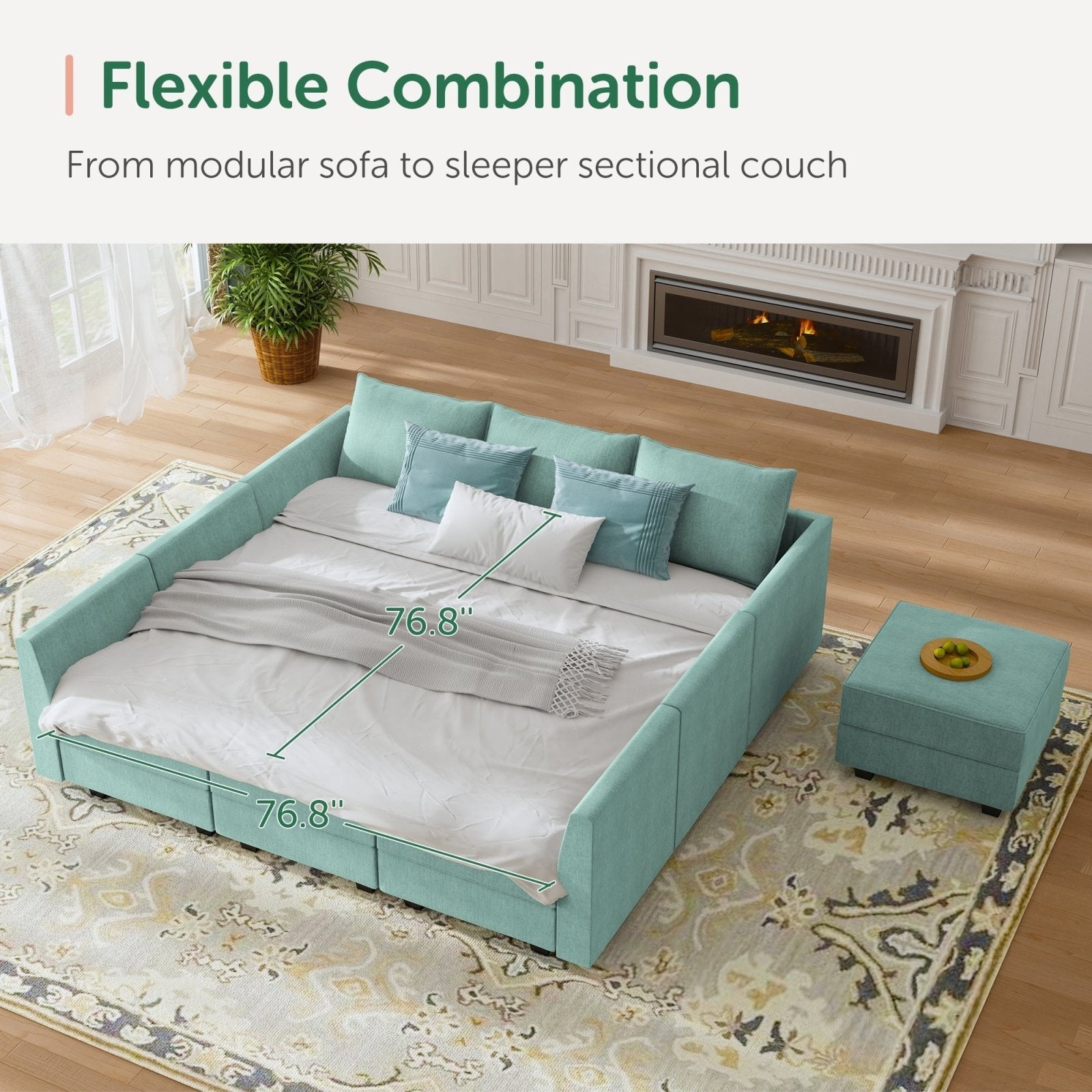 HONBAY 9-Piece Polyester Modular Sectional With Storage Seat #Color_Aqua Blue