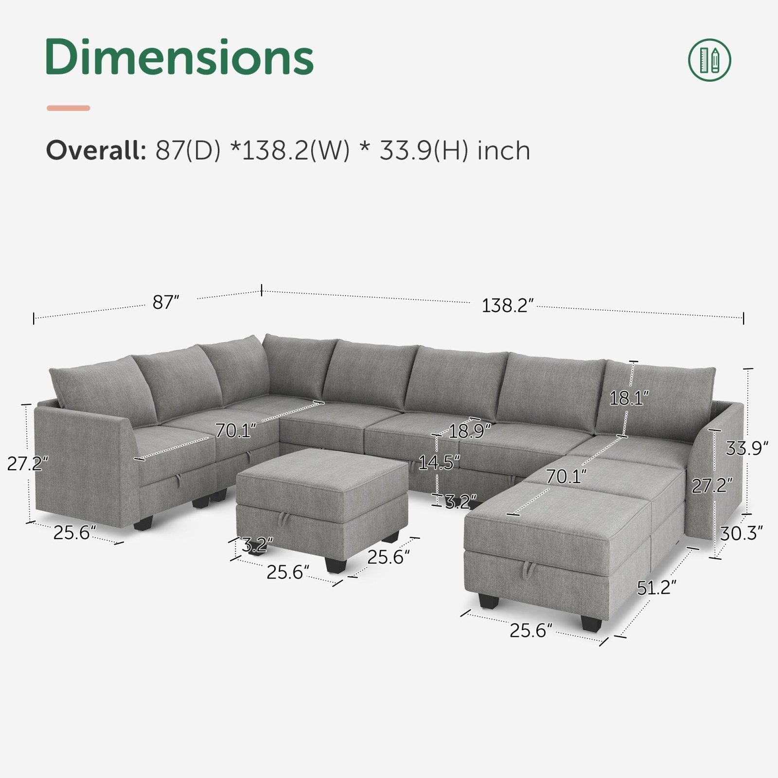 HONBAY 9-Piece Polyester Modular Sectional With Storage Seat #Color_Grey