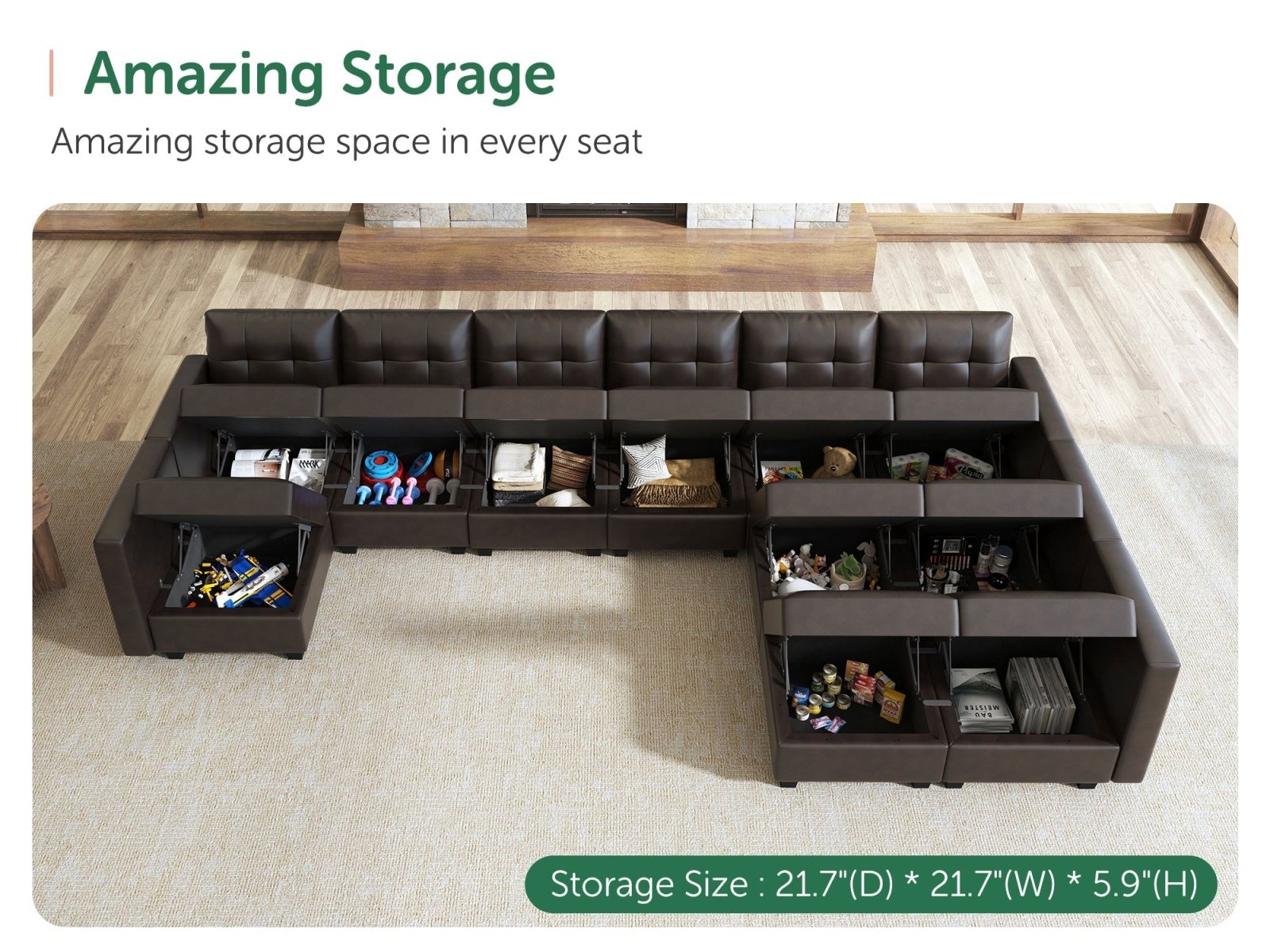 HONBAY 11-Piece Faux Leather Modular Sleeper Sectional Sofa With Storage Seat