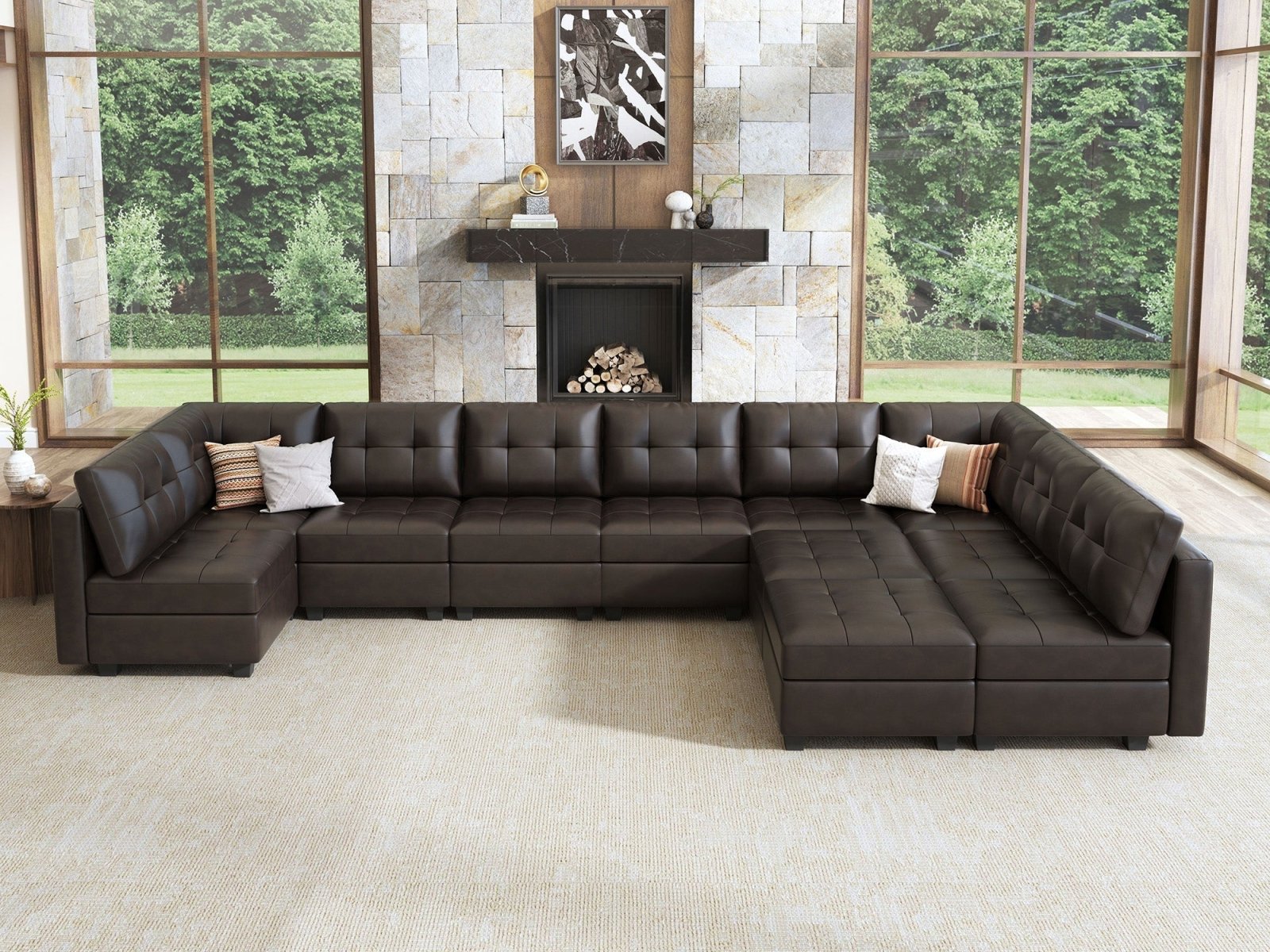 HONBAY 11-Piece Faux Leather Modular Sleeper Sectional Sofa With Storage Seat