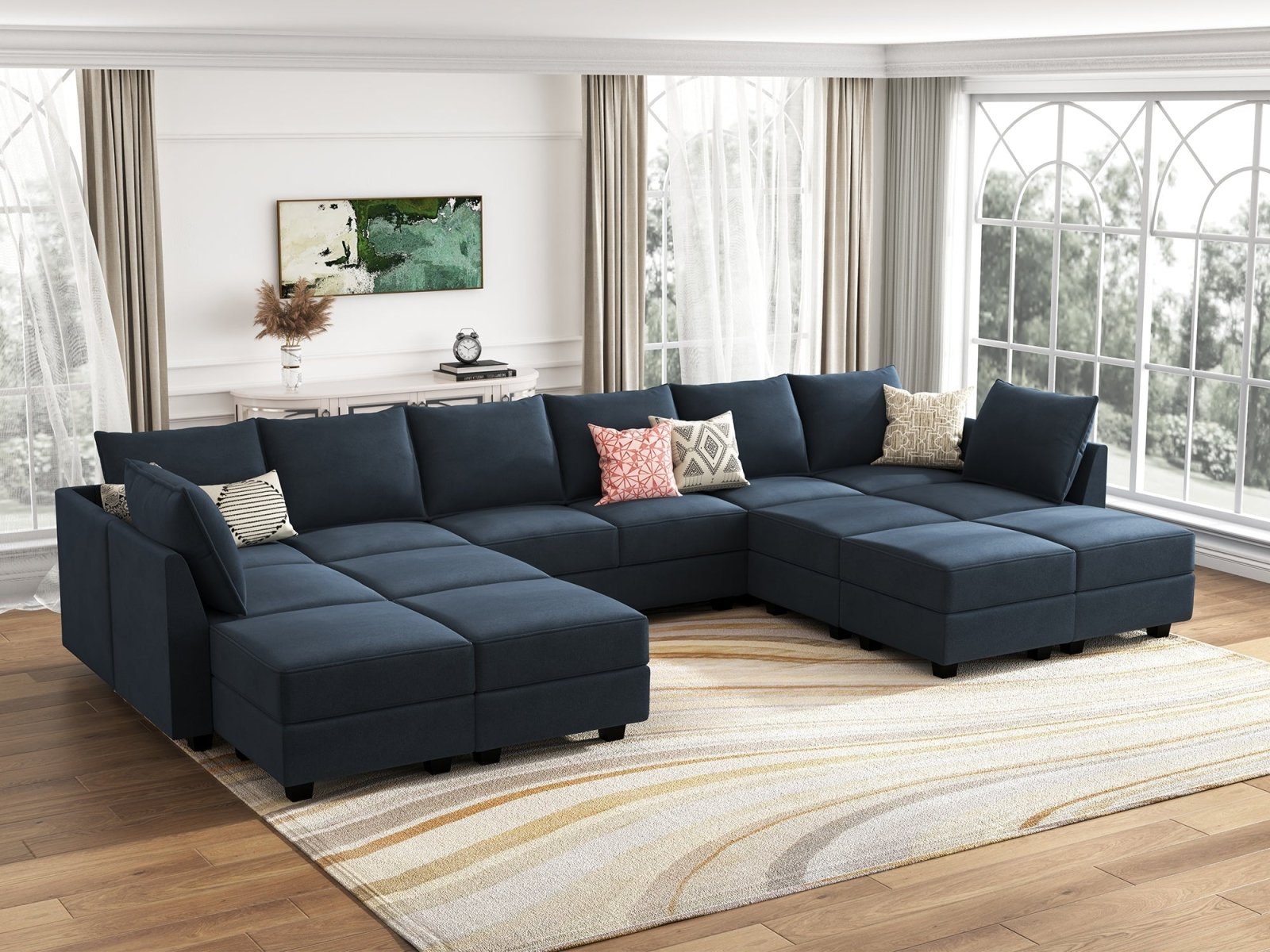 HONBAY 14-Piece Velvet Modular Sleeper Sectional Sofa With Storage Seat