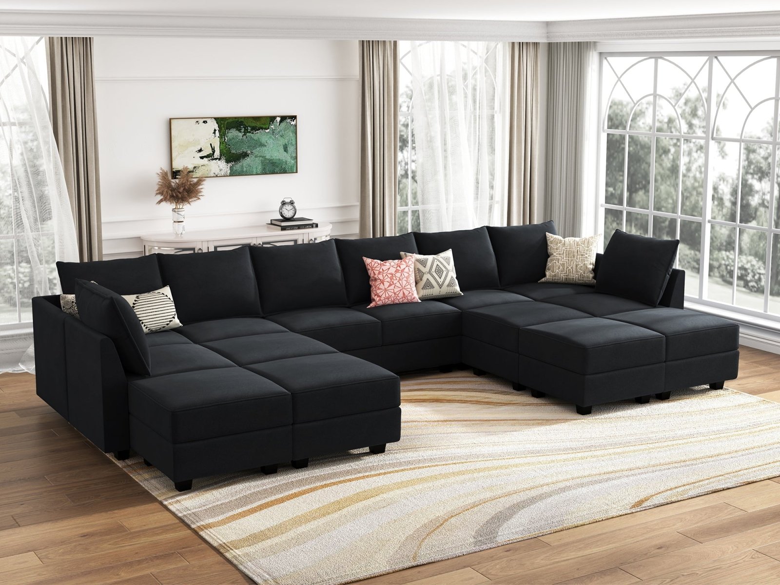 HONBAY 14-Piece Velvet Modular Sleeper Sectional Sofa With Storage Seat