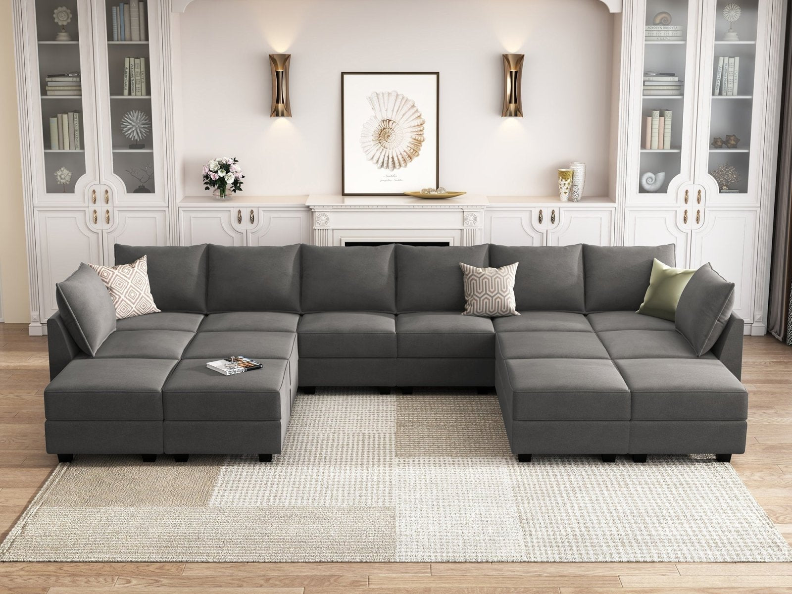 HONBAY 14-Piece Velvet Modular Sleeper Sectional Sofa With Storage Seat