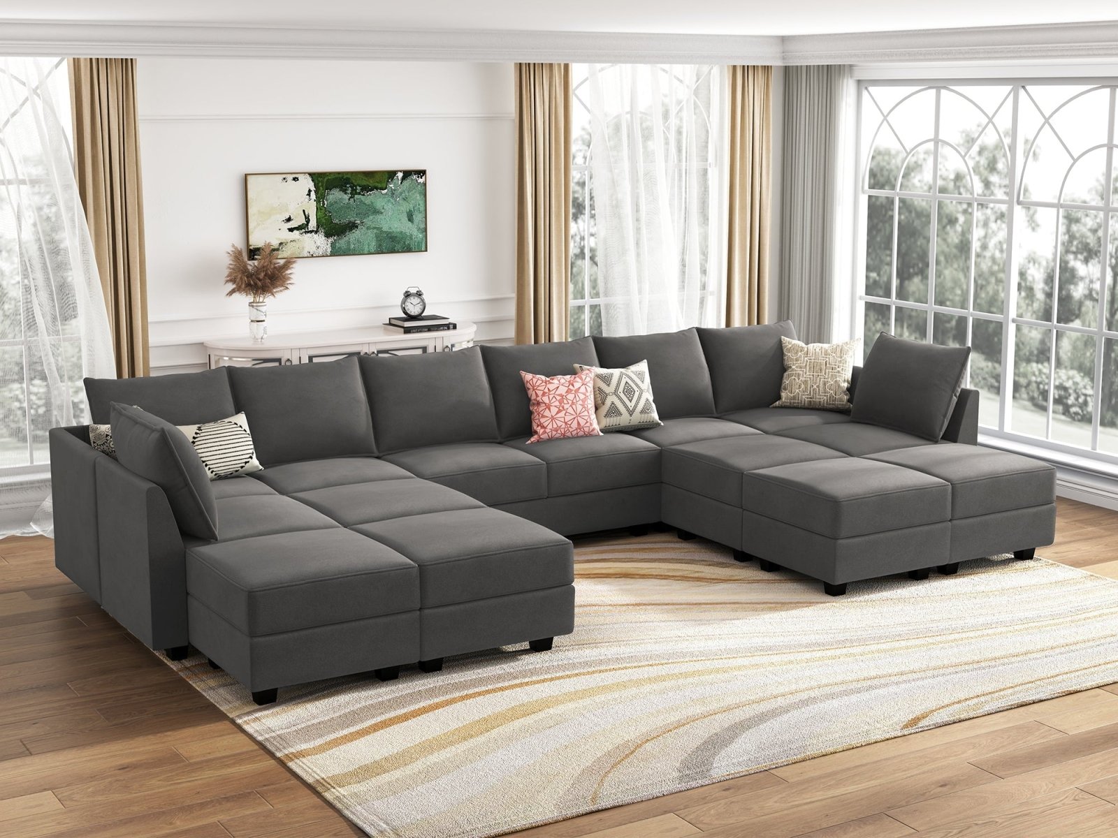 HONBAY 14-Piece Velvet Modular Sleeper Sectional Sofa With Storage Seat