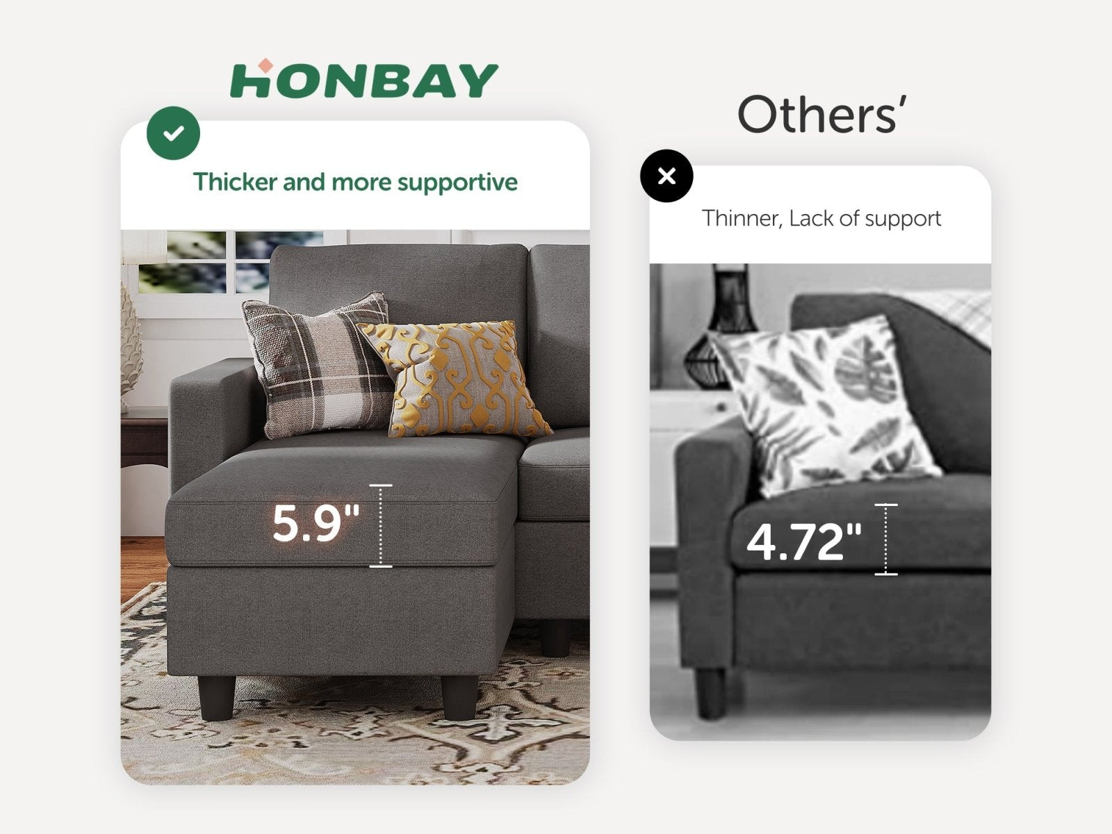 HONBAY 3-Piece Polyester Convertible Sectional Sofa