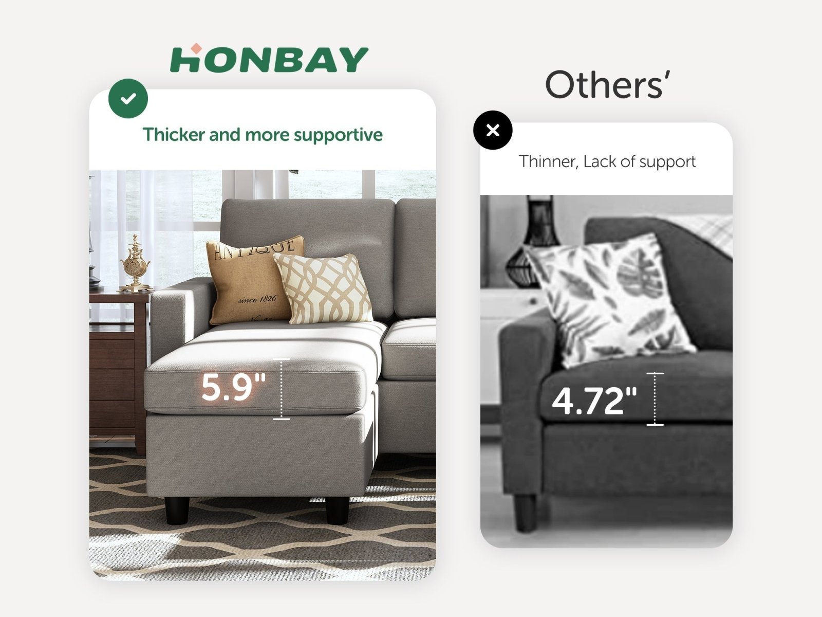 HONBAY 3-Piece Polyester Convertible Sectional Sofa