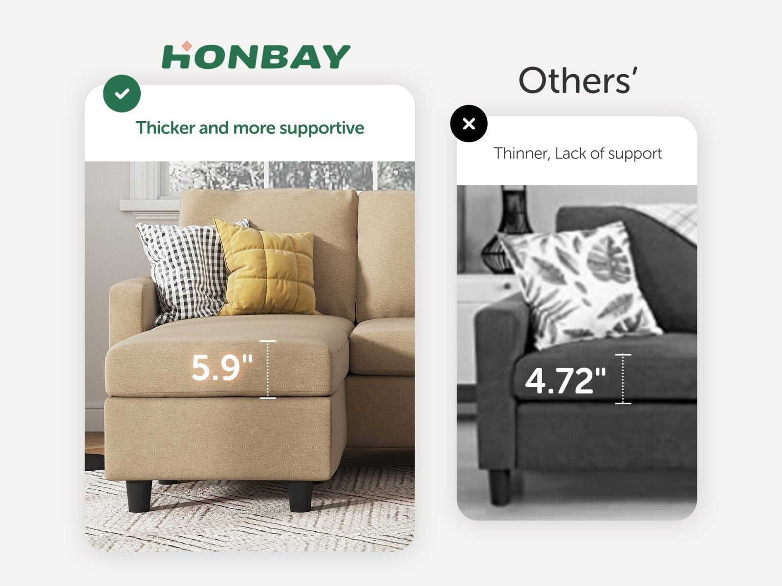 HONBAY 3-Piece Polyester Convertible Sectional Sofa