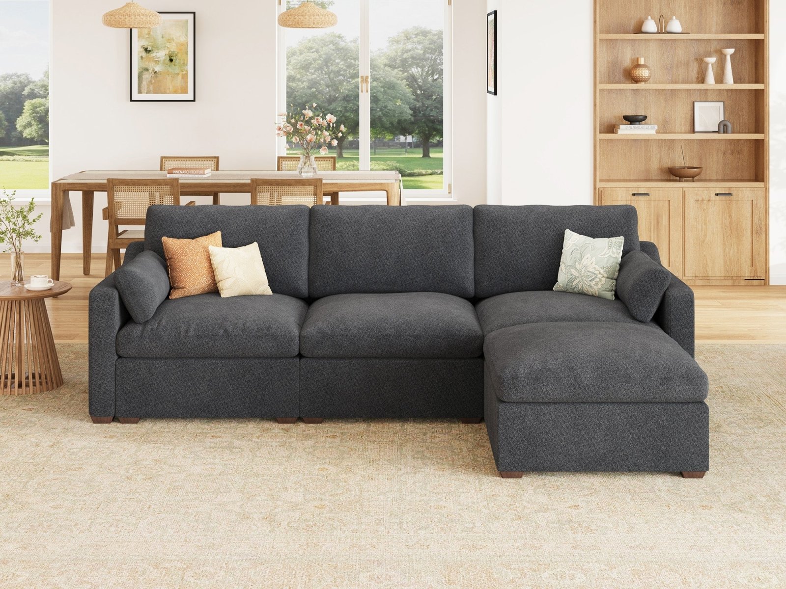HONBAY 4-Piece Oversized Cloud Down-Filled Chenille Modular  L-Shaped Sectional Sofa
#Color_Dark Grey