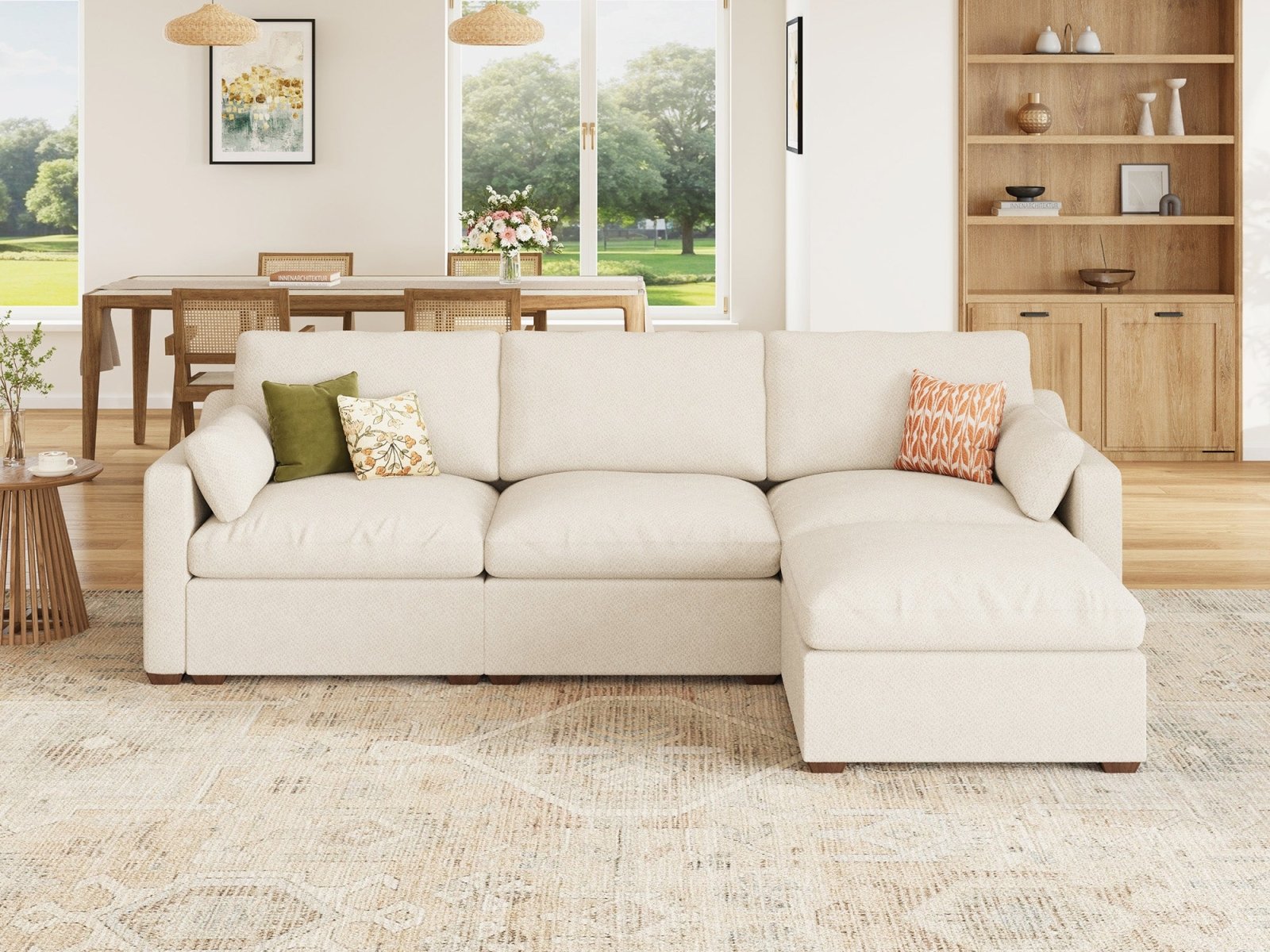 HONBAY 4-Piece Oversized Cloud Down-Filled Chenille Modular L-Shaped Sectional Sofa
#Color_Beige