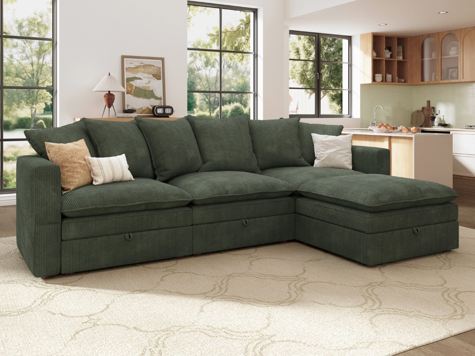 HONBAY 4-Piece Plush double-layer Cushion Corduroy Modular L-Shaped Sectional Cloud Sofa
#Color_Corduroy Green