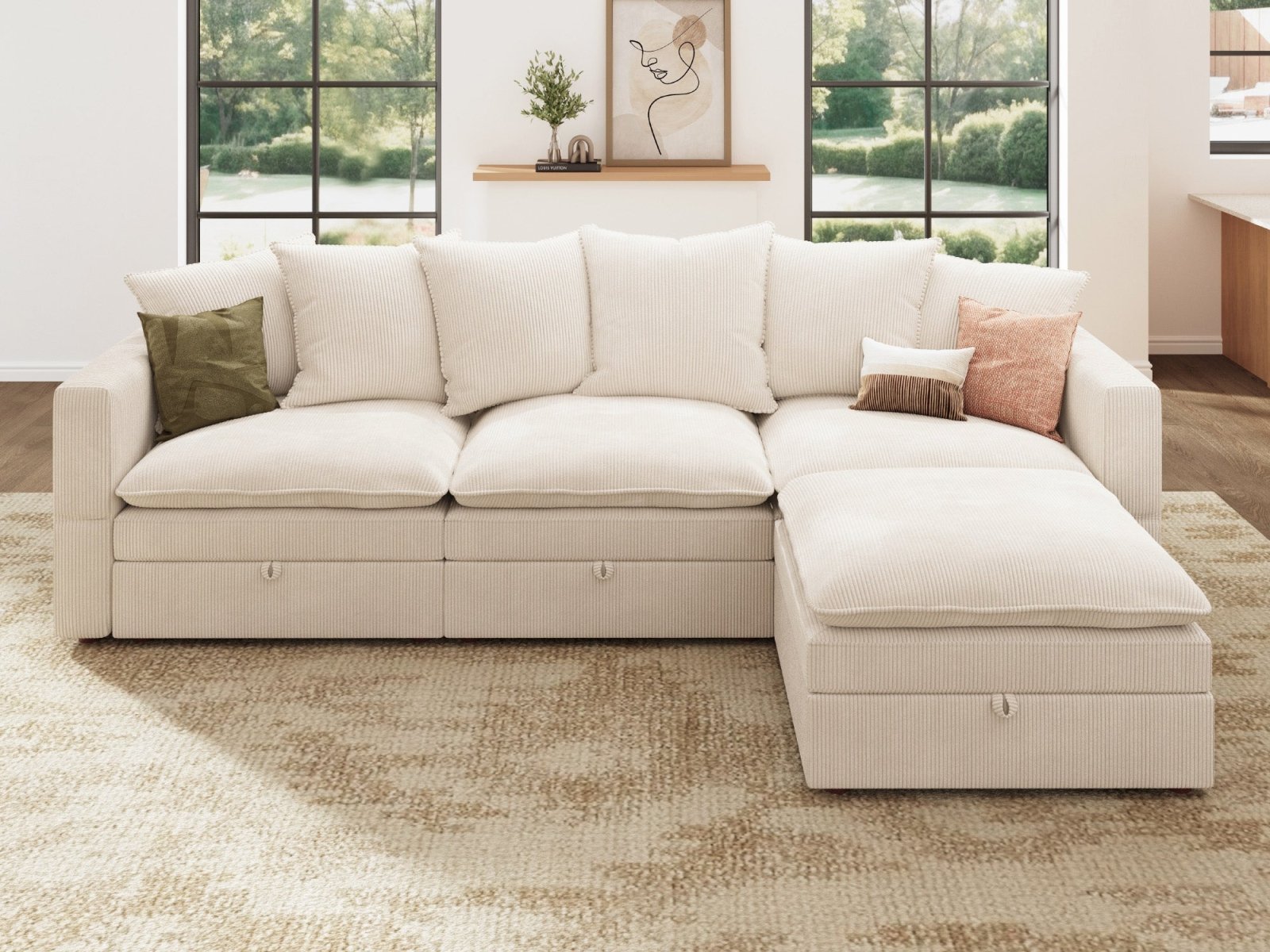 HONBAY 4-Piece Plush double-layer Cushion Corduroy Modular L-Shaped Sectional Cloud Sofa
#Color_Corduroy Beige