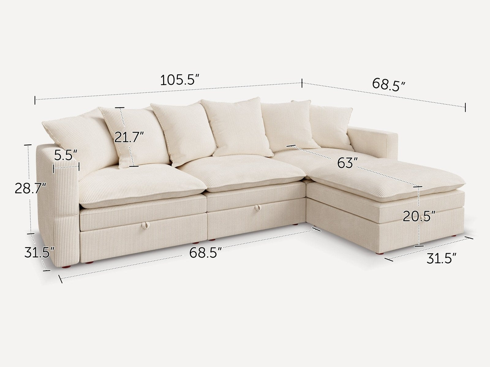 HONBAY 4-Piece Plush double-layer Cushion Corduroy Modular L-Shaped Sectional Cloud Sofa
#Color_Corduroy Beige