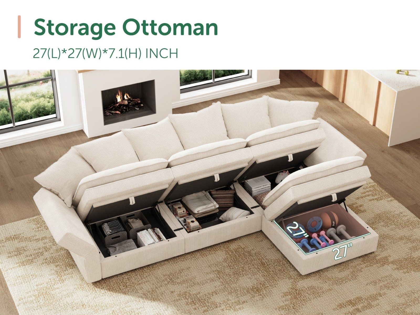 HONBAY 4-Piece Plush double-layer Cushion Corduroy Modular L-Shaped Sectional Cloud Sofa
#Color_Corduroy Beige