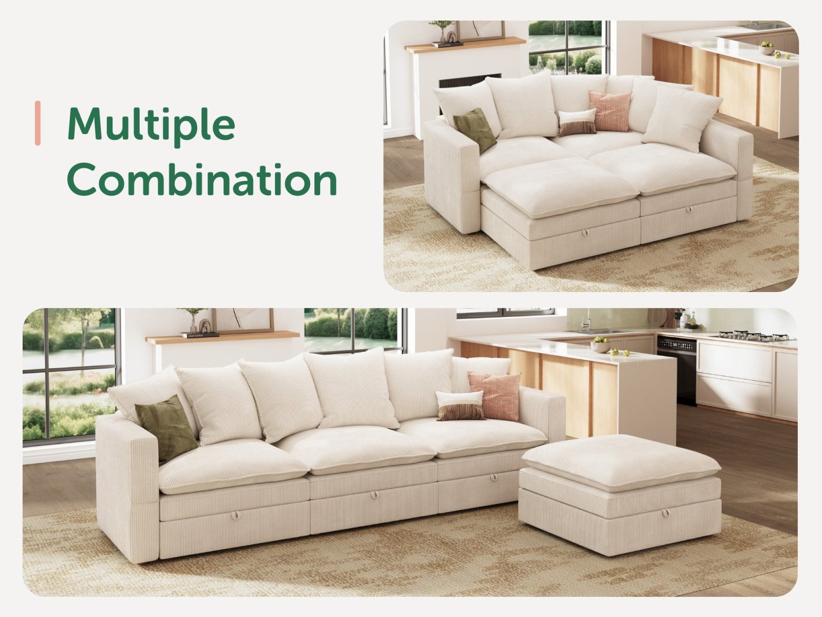 HONBAY 4-Piece Plush double-layer Cushion Corduroy Modular L-Shaped Sectional Cloud Sofa
#Color_Corduroy Beige