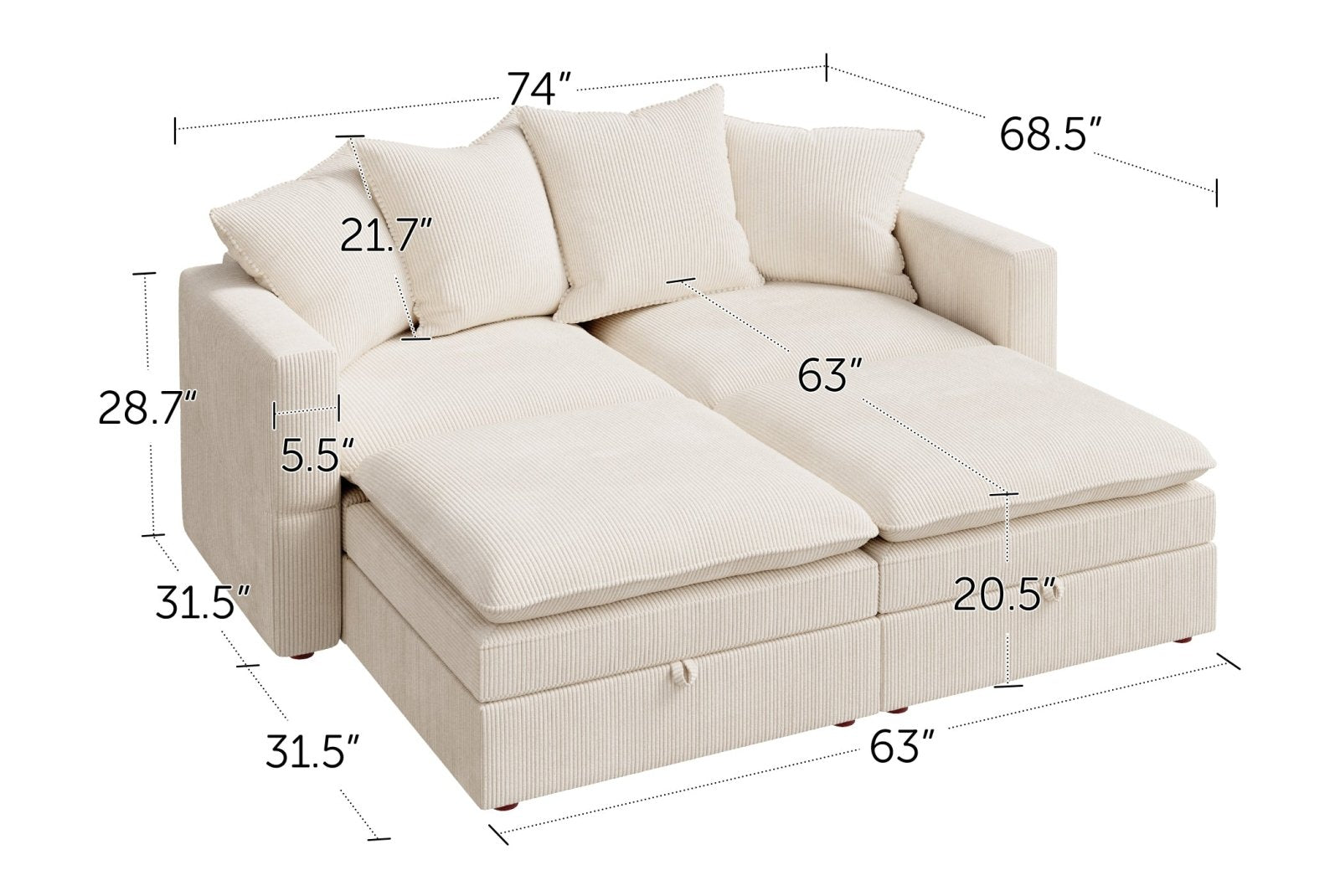 HONBAY 4-Piece Plush double-layer Cushion Corduroy Modular Sleeper Sectional Cloud Sofa
#Color_Corduroy Beige