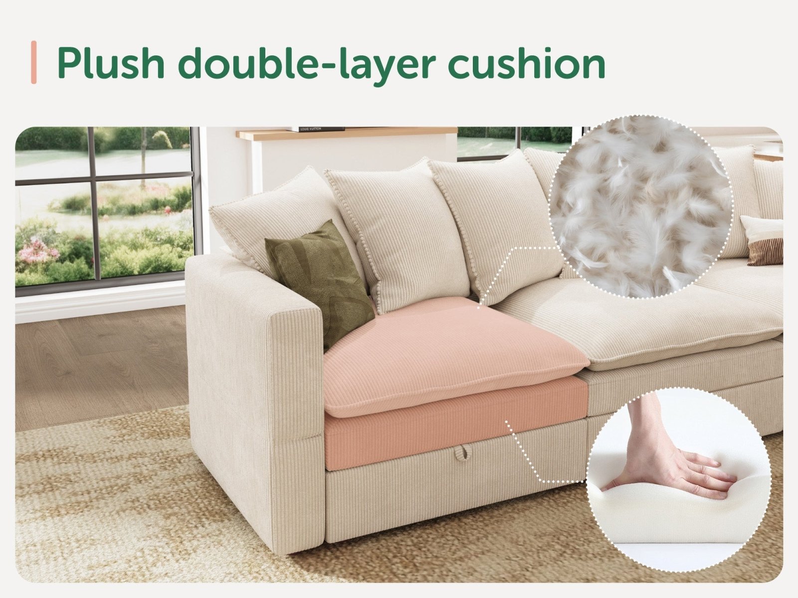 HONBAY 4-Piece Plush double-layer Cushion Corduroy Modular Sleeper Sectional Cloud Sofa
#Color_Corduroy Beige